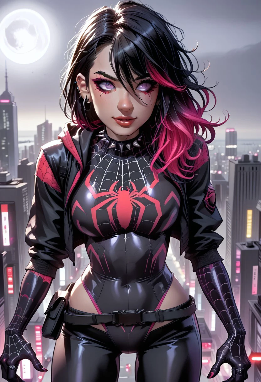 ,a russian female version of spider man falling in love with and having sex peter parker of roof top,multicolored hair, asymmetrical hair, multicolored purple eye makeup,/Spider_Ayane,bodysuit with pink spider print,/Spider_Ayane/,long black hair,puty lips,pink elbow leangh gynecological latex gloves,rings on fingers,lip percing1 girl, solo,large breasts,collar, halterneck, hanging of of leg panties , cowboy shot, dark background <lora:morimoto_leona_discipline_pdxl_v1:0.8>,panties around waist,realastic looking female,elbow leangh gynecological latex  medical gloves,pink eyes, multicolored hair, hood, silk,pink eyes, multicolored hair, hood, silk.pink eyes, hood, silk,ayame_spider_cinn long hair looking at viewer bodysuit spider web print jewelry breasts lips animification earrings upper body piercing pink eyes superhero parted lips bangs multicolored hair hood city silk jacket ear piercing makeup spider web building tattoo medium breasts night two-tone hair pink hair eyebrow piercing hood up hooded bodysuit bracelet smoke hoodie gloves arm tattoo smile red eyes hair between eyes choker moon gradient hair hair behind ear.eyes eyeshadow full moon large breasts spikes shirt ring solo focus black jacket on back outdoors red lips spider hair over one eye collarbone lip piercing,latex medical gloves,clothes,rings on fingers,body tattoos,purple lipstick,cyberpunk city,panties hanging around waist,exposed pussy,ear rings,red and purple eyeliner