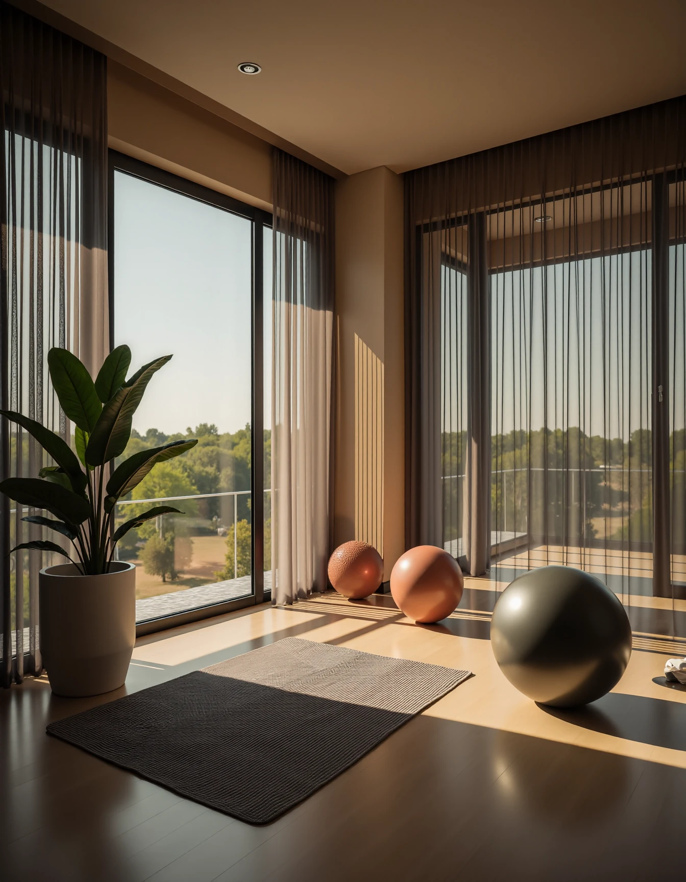 <lora:JJsGym_Flux:1> ,(gym)),indoors, scenery, ceiling light,soft lighting, no humans, scenery, curtain, window, sky, yoga ball, rug, mirror,, still life photography, capturing tranquility, timeless beauty, meticulous arrangement, exquisite detail, professional lighting, expert composition, evocative mood, storytelling through objects, artistic interpretation, creative expression, showcasing textures, intricate patterns, enhancing atmosphere, conveying emotions, masterful technique, immersive experience