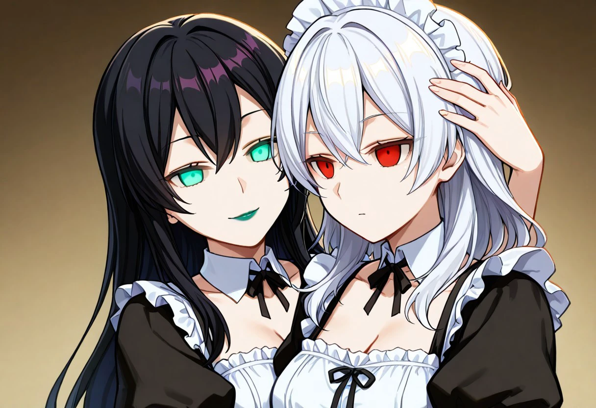 anime, two girls, adult, empty eyes, hypnotized, expressionless, blank expression, lipstick, red lipstick, yellow lipstick, green lipstick, blue lipstick, purple lipstick, pink lipstick, black lipstick, long hair, white hair, black hair, twins, maid outfit, sexy smile, hand on head, hug, biting neck, glowing eyes