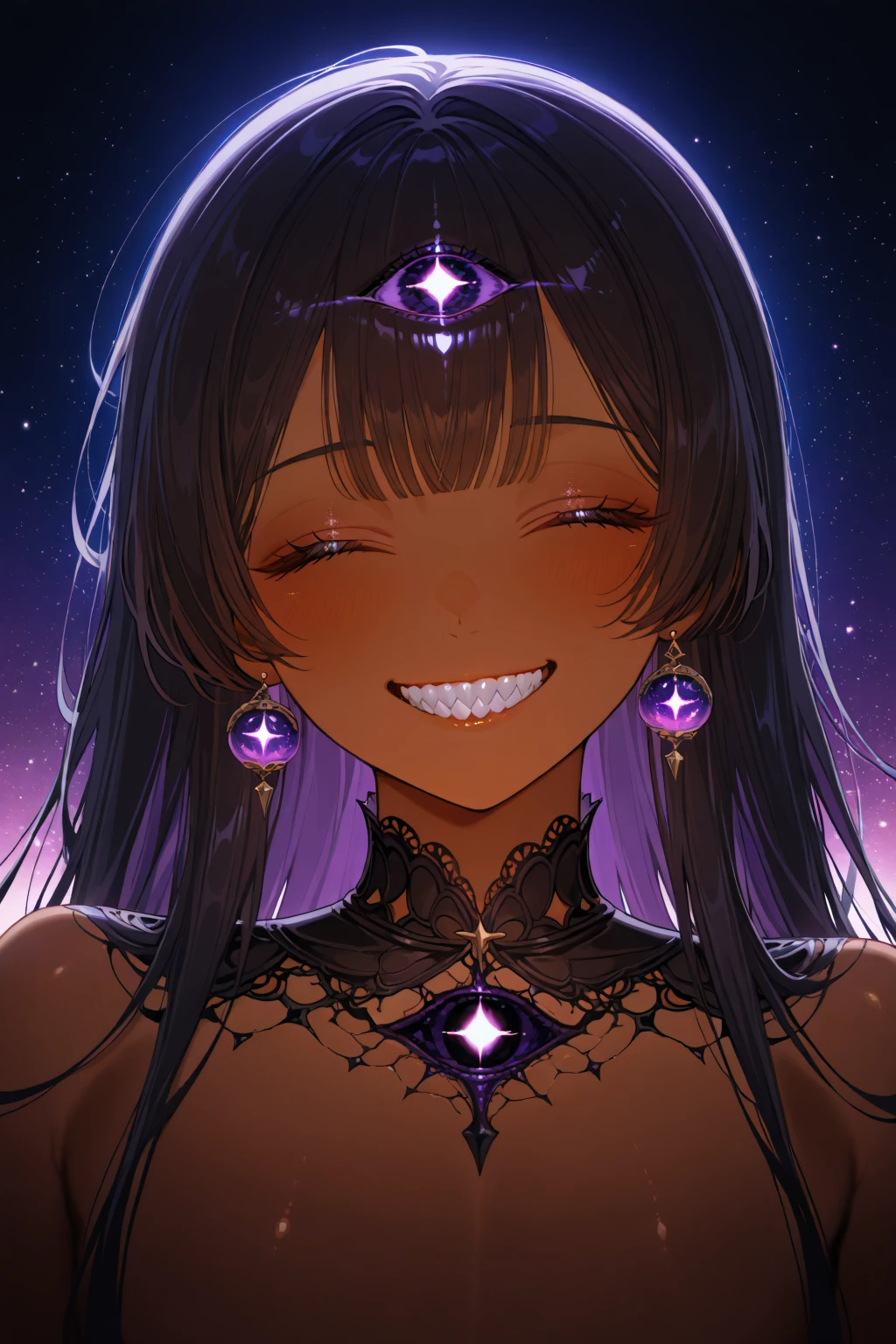 artist:, 1boy, vtuber, anime style, original character, dark skin, non-reflective skin, black hole theme, multiple eyes, glowing eyes, different sized eyes, iris patterns, ethereal glow, closed eyes, half lidded eyes, wide smile, predatory smile, sharp teeth, multiple rows of teeth, white teeth, bust up, waist up, three quarters view, playful expression, energetic pose, space background, modern anime, clean lines, vibrant colors, semi realistic lighting, cosmic horror theme, dark fantasy elements, digital art, concept art, high detail, dramatic lighting, dark light contrast, unique features, exotic features, unconventional design, light absorbing skin, body eyes, star like eyes, subtle background, eerie cuteness, cute and creepy, adorable horror, dark cute, kawaii x horror, Lovecraftian aesthetics, eldritch elements, avatar design, vtuber character, 
very awa, masterpiece, best quality, high quality, newest, recent, year 2024, absurdres,