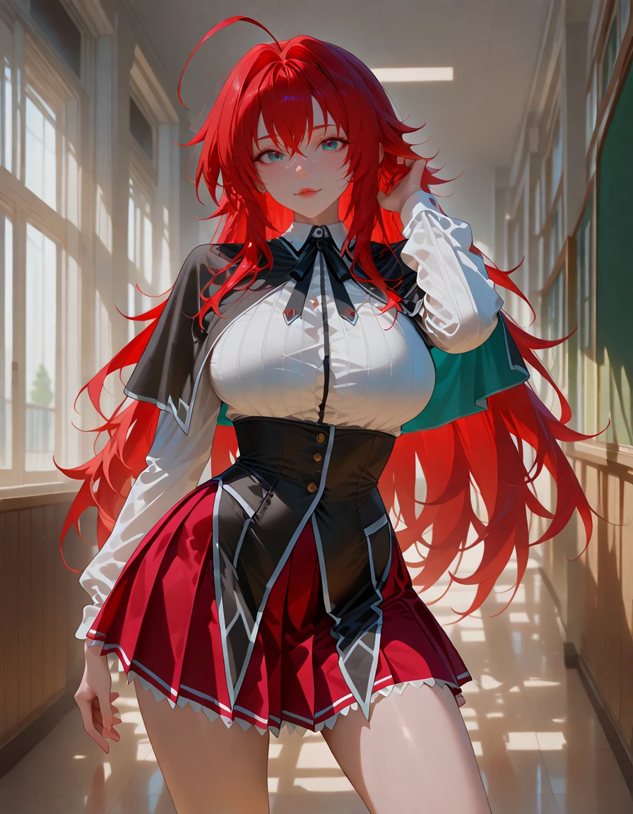 1girl, solo, (Rias Gremory: 1.3), (Thicc Thighs: 0.7), (Thicc Calves: 0.7), (Slightly Plump: 0.4), Tall, Curvy, (Large breasts: 1.3), (kuohacademy, school uniform, black capelet, white shirt, black ribbon, neck ribbon, long sleeves, corset, red skirt, pleated skirt: 1.3), (Standing, hand in hair, contrapposto, seductive pose, dynamic pose, in school hallway at night in the dark with view of the moon in the window: 1.3), (From Front: 1.7), Cowboy Shot: 1.3, Eyes open, looking up at viewer, seductive expression: 1.3,  Dark Lighting, Lowkey Lighting, Dark Colors, highly detailed masterpiece, High_Resolution_Textures, (stunning design:1.2), (stunning concept design), Intricately_Detailed_design, Legendary_masterpiece, Realistic_texturing, ultra_soft_texturing, Complex_texturing, Insanely_Flawless_Details, Legendary_Details, Full_Color_scheme, Detailed_color_scheme, Complex_colors, Complex_details <lora:StS-Illustrious-Detail-Slider-v1.0:4.5><lora:StS-Illustrious-Detail-Slider-v1.0:4.5>  <lora:IL-lineart_adjust-mki:-2> <lora:il_brightness_slider_d1:-1.2> <lora:il_saturation_slider_d1:-0.5>  <lora:Earthbound_-_Miyami-Zero_Artist_style_-_IllustriousXL:1> <lora:attire_kuohacademy_ponyXL:1>