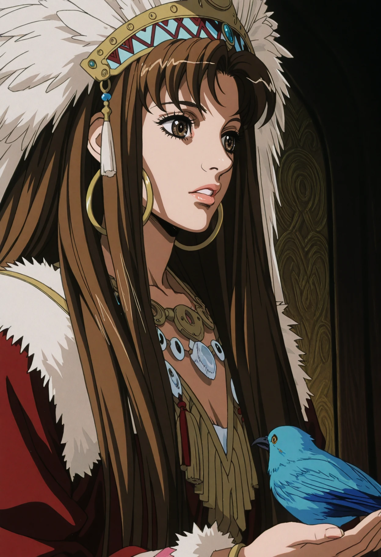 <lora:EscaflowneMovieILXL:1> 3scafl0wn3m,
1girl, jewelry, bird, long hair, earrings, solo, brown hair, feathers, parted lips, brown eyes, necklace, hoop earrings, fur trim, long sleeves, headdress, tassel, masterpiece, best quality, amazing quality, intricate detail, highly detailed, absurdres,