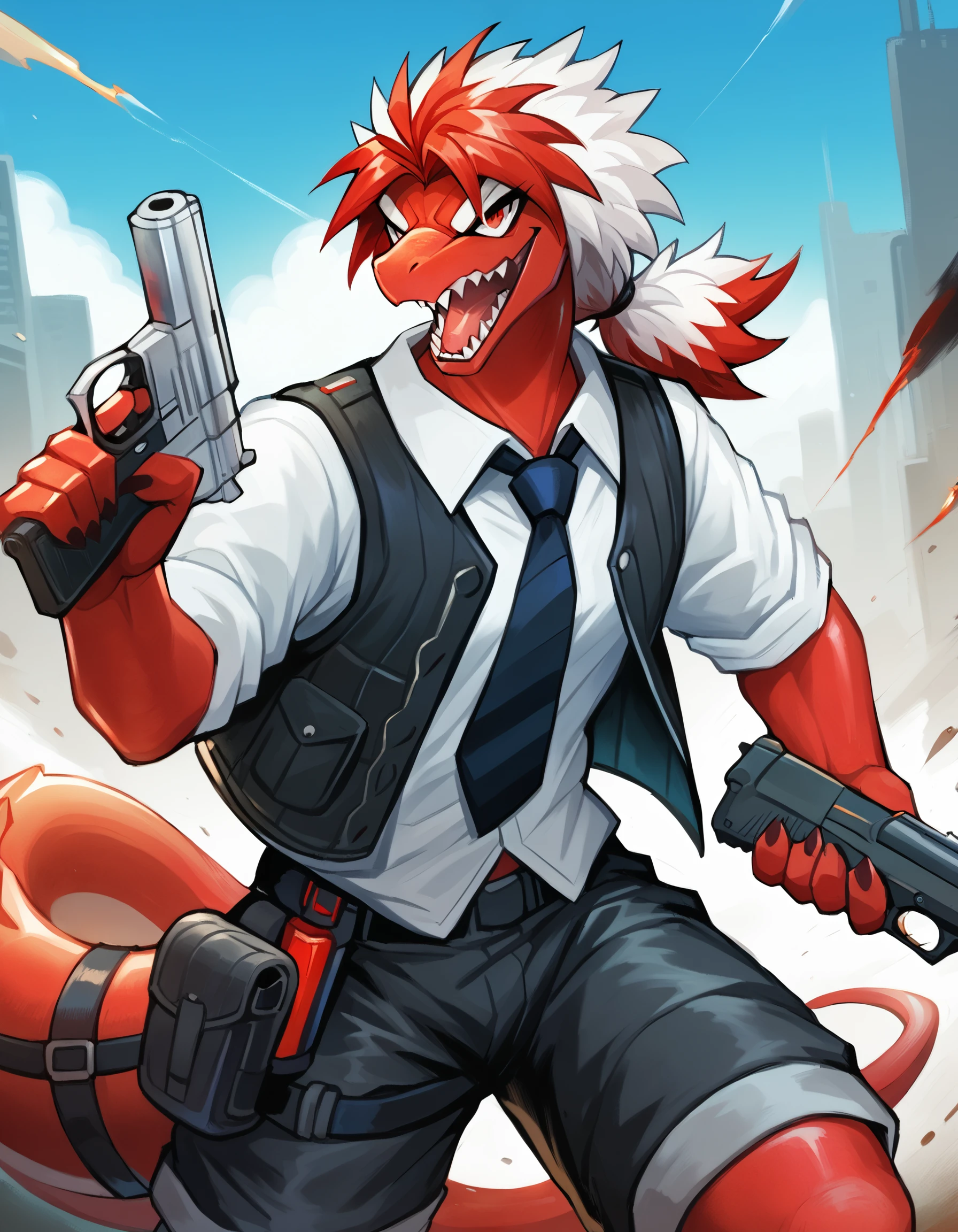 score_9, score_8_up, score_7_up, high quality, hires, by plive, furry, anthro, seductive, looking at viewer, detailed background, <lora:Plive_Artist_Style.safetensors:1.2>, (close up, solo, anthro, ranged weapon, gun, weapon, red eyes, holding, 1boy, clothing, holding gun, hair, holding weapon, white hair, hi res, handgun, male, male focus, shooting, action pose, holding object, shirt, black vest, open mouth, vest, teeth, tail, colored skin, necktie, pants, red hair, sharp teeth, black pants, shorts, black shorts, red skin, multicolored hair:1.15)