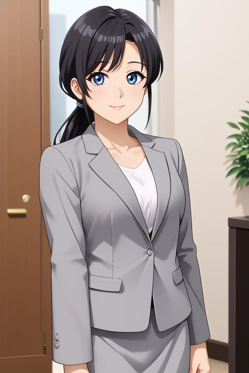 ameku mazuru, 1girl, solo, long hair, looking at viewer, smile, bangs, blue eyes, skirt,hotel lobby, shirt, black hair, long sleeves, jewelry, closed mouth, standing, jacket, cowboy shot, white shirt, low ponytail, miniskirt, formal, suit,  grey skirt, pencil skirt, grey jacket, office lady, skirt suit, large breast, collarbone,  <lora:HandFixer_pdxl_Incrs_v1:1> make up, <lora:Ameku_Mazuru_ATSK_Pony:1> young-adult, bare thigh, anime coloring, long hair, big eyes,