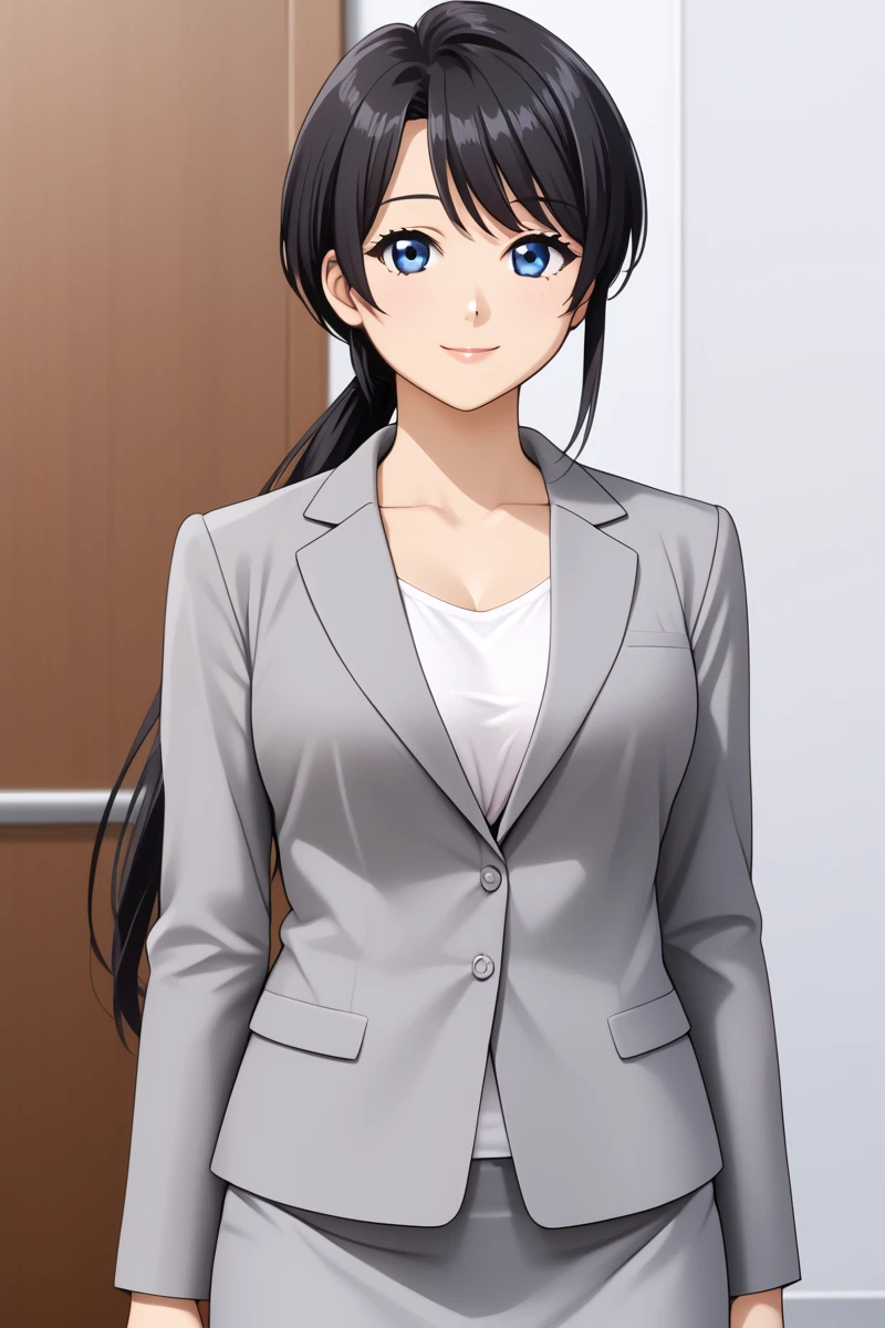 ameku mazuru, 1girl, solo, long hair, looking at viewer, smile, bangs, blue eyes, skirt,hotel lobby, shirt, black hair, long sleeves, jewelry, closed mouth, standing, jacket, cowboy shot, white shirt, low ponytail, miniskirt, formal, suit,  grey skirt, pencil skirt, grey jacket, office lady, skirt suit, large breast, collarbone,  <lora:HandFixer_pdxl_Incrs_v1:1> make up, <lora:Ameku_Mazuru_ATSK_Pony:1> young-adult, bare thigh, anime coloring, long hair, big eyes, kishida mel,