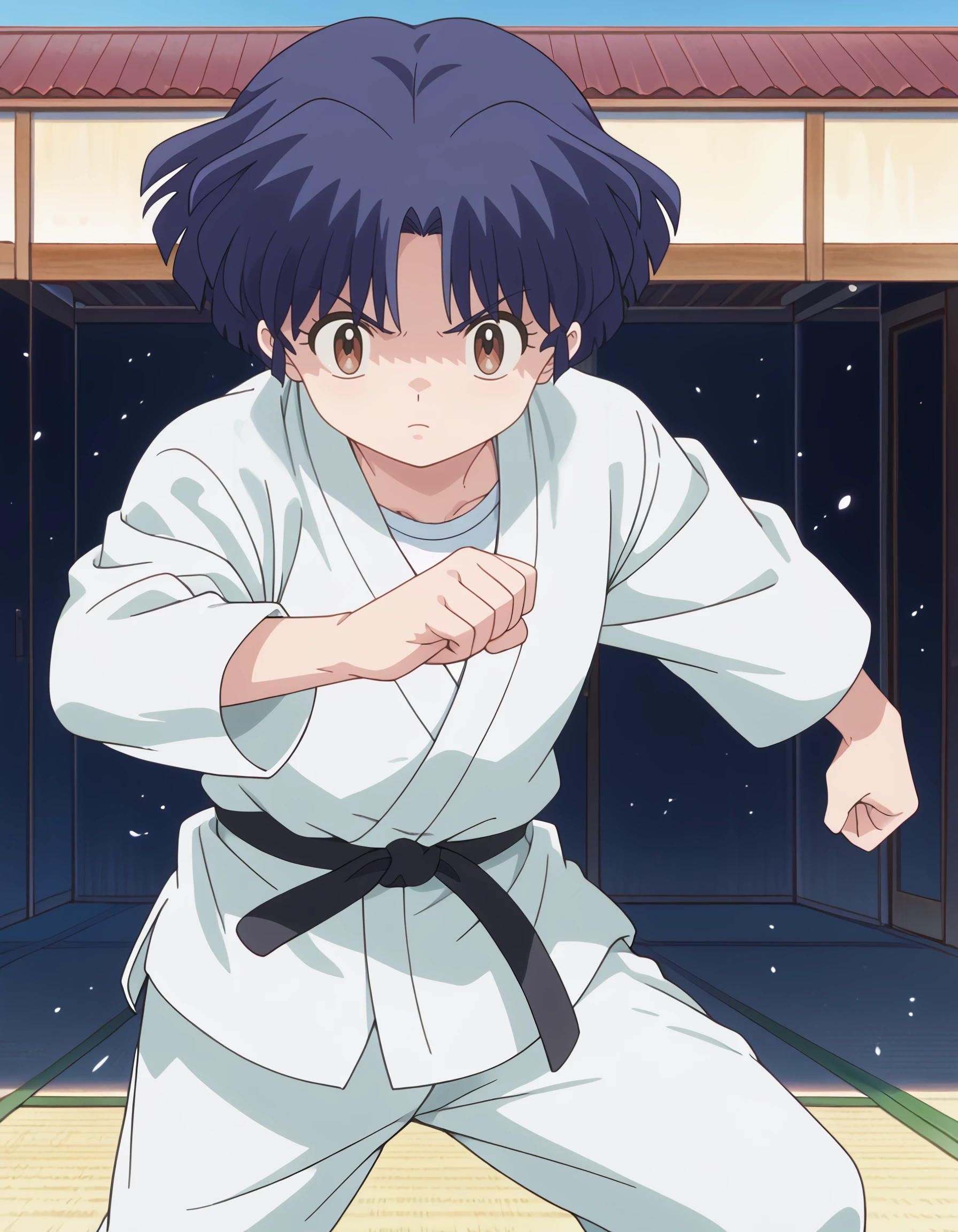 <lora:akane_tendou_pony:1> score_9, score_8_up, score_7_up, source_anime, rating:safe, akane_tendou, short_hair, blue_hair, brown_eyes, flat_chest, aged_down, karate_gi, martial_arts_belt, 1girl, fighting_stance, grey_background, solo,, backlighting, depth_of_field, light_particles, (1990s_\(style\), masterpiece, detailed, best_quality