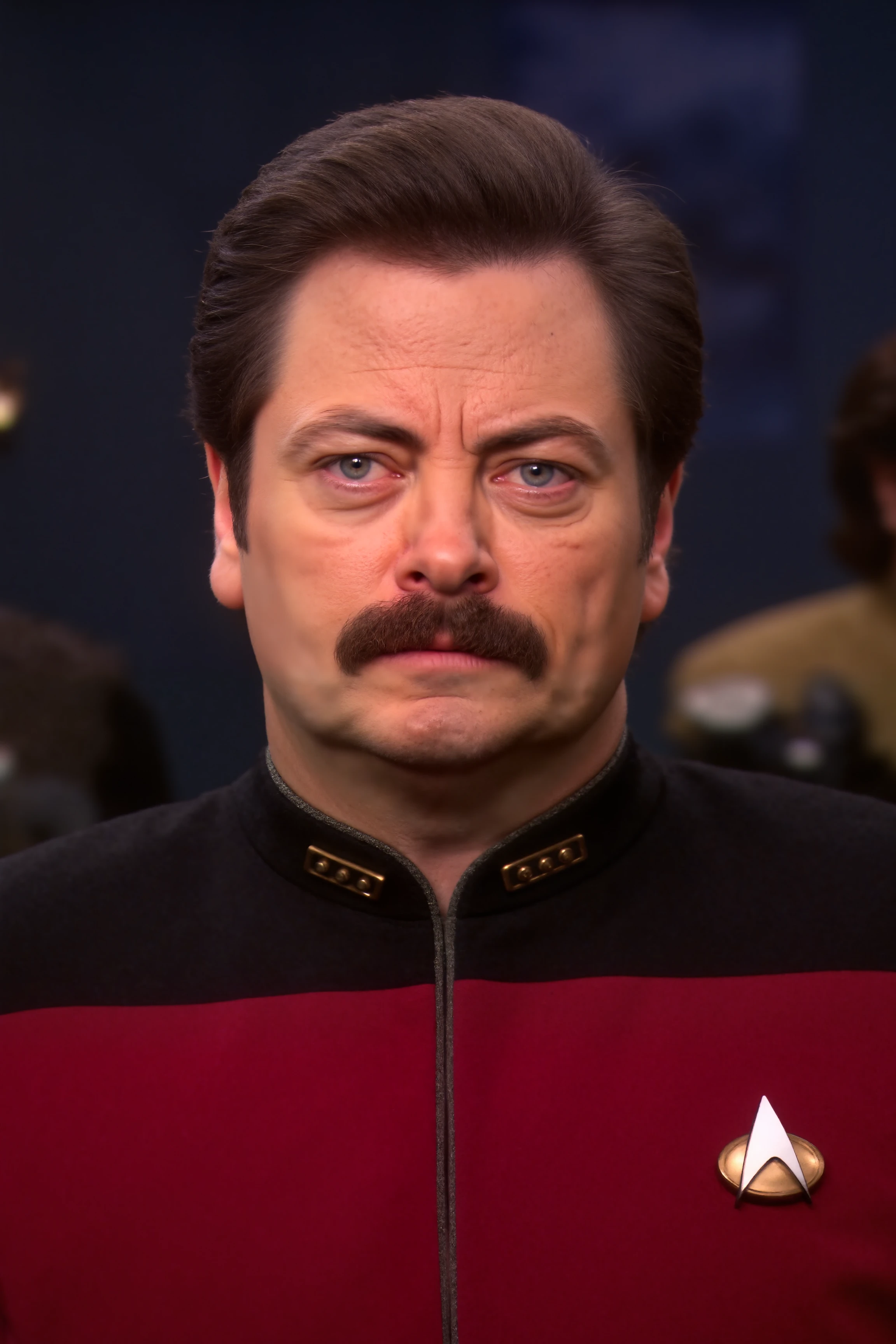 close-up portrait photo of Ron Swanson . he is dressed in maroon TNGadm jacket with black shoulders. This is a color photograph of a man with a distinctive and expressive face, set against a starship bridge background. The man is centrally positioned in the frame, with his shoulders and upper torso visible. He has fair skin and a round face with a prominent, thick mustache that curls upward at the ends. His hair is dark brown, neatly styled, and parted slightly to the side. He has blue eyes, which are looking directly at the camera, giving him a slightly intense and focused expression. The photograph captures the man from the shoulders up, with no additional objects or people in the frame. The image is well-composed, with the subject's face taking up the majority of the frame, and the starship bridge background providing a backdrop that emphasizes the man's facial features and expression. The overall style of the photograph is straightforward and documentary, focusing on portraiture and capturing the subject's personality and details. , detailed background Fantastic lighting. Detailed shadows.intricate details, vivid colors, hyper-detailed, ultra-sharp <lora:ST_TNG_ADMIRAL_FLUX><lora:RonSwanson2:1.3>