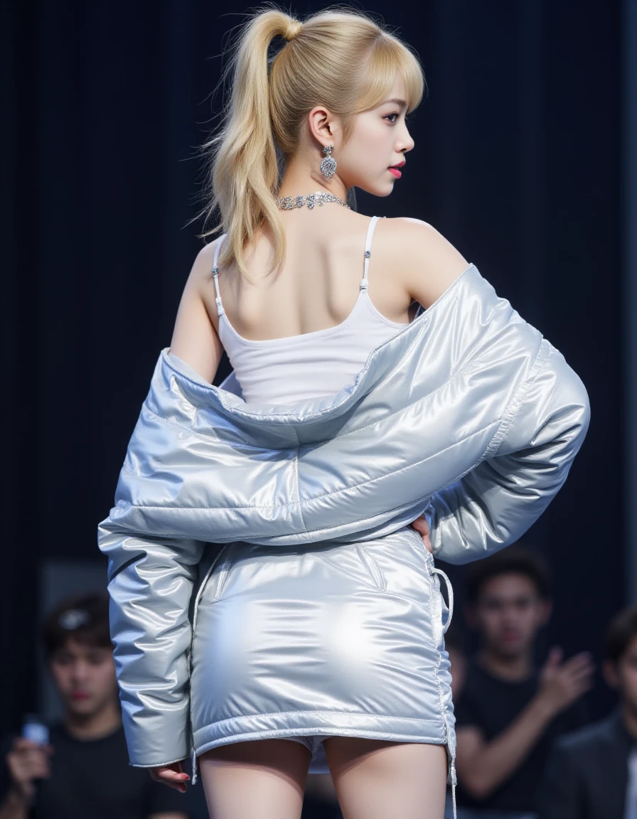 detailed photo of a young woman. from behind.  kpop girl posing sexy on stage. She has black long ponytail hair without bangs.  <lora:cw-easy-flux-000012:1> cweasy, silver jacket and skirt.   <lora:KimYeon-Flux:1> young asian girl, skinny body, long blonde hair,