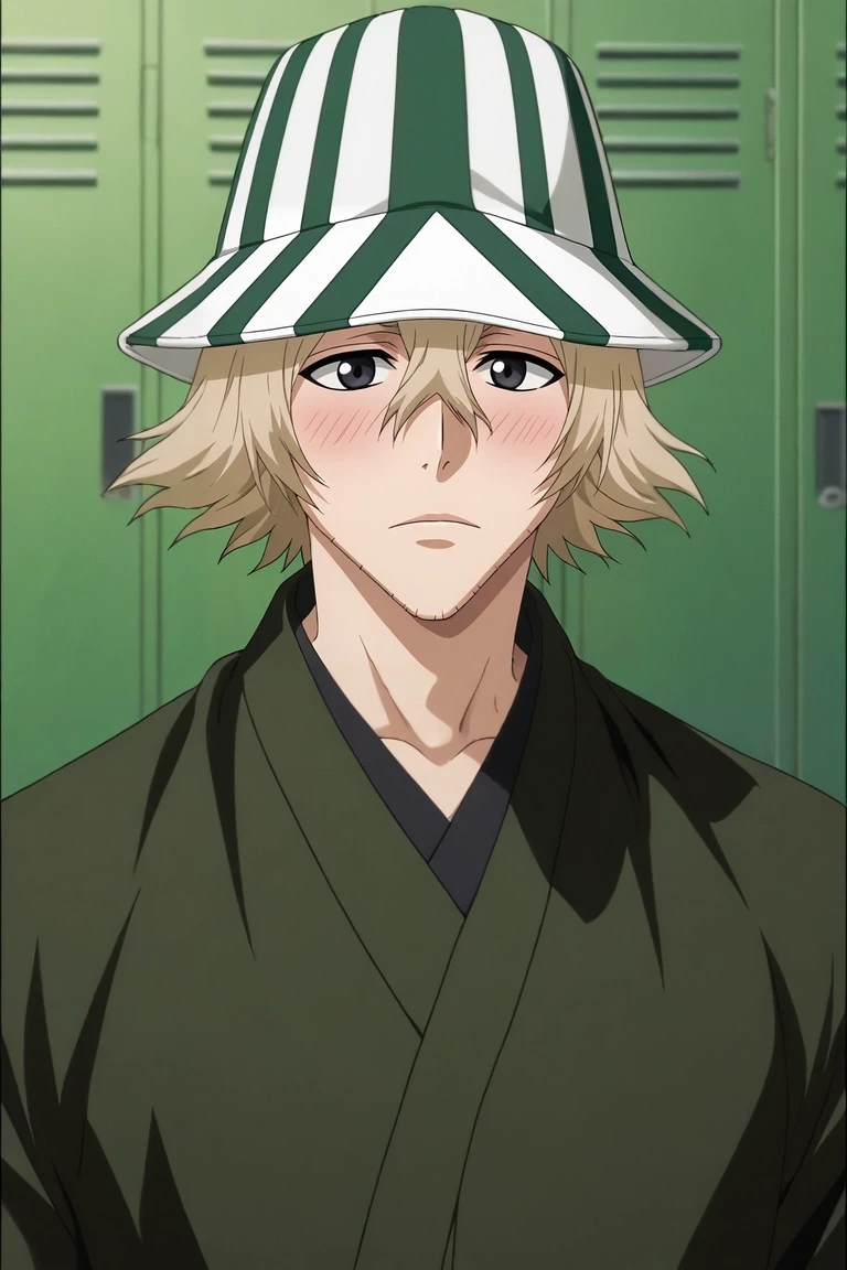 score_9, score_8_up, score_7_up, , rating_safe, , anime screencap, anime coloring, official style, , 1boy, solo, male focus, <lora:kisuke_urahara_pony:1>, kisuke_urahara, blonde hair, black eyes, short hair, hair between eyes, facial hair, stubble, hat, cowboy shot, locker room, indoors, light, slouching, shy, blush, windcheater, ski hat, <lora:sdxl_lightning_8step_lora:1>