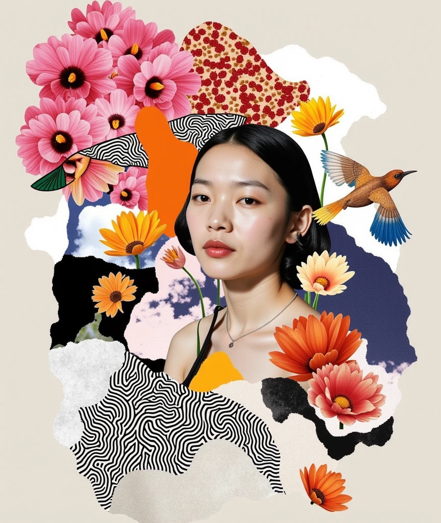 Collage_Art, A collage of images featuring a person's face, flowers in various colors and sizes, birds with outstretched wings, abstract patterns including swirls and stripes, all set against different background hues