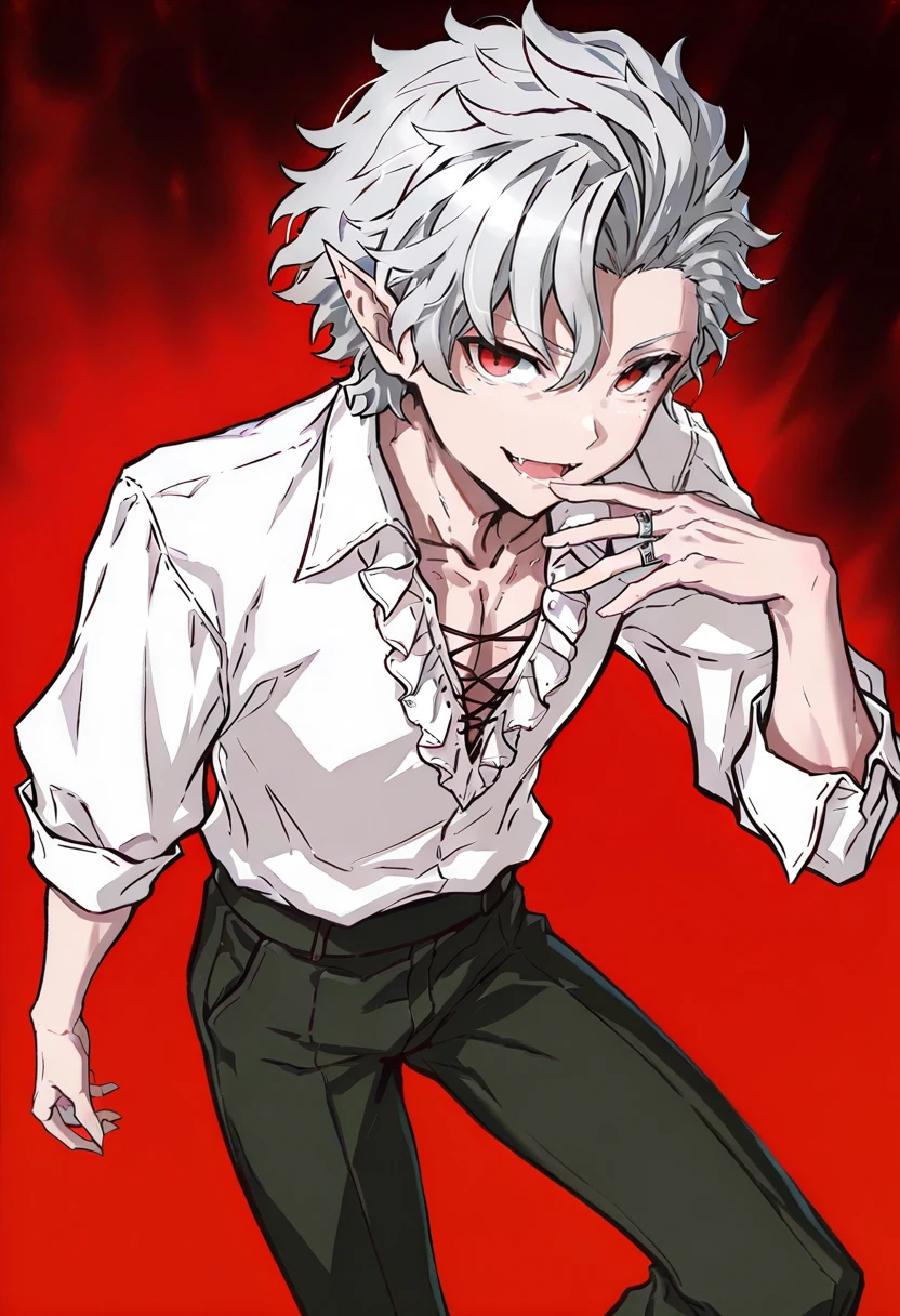 astarion, red eyes, 1boy, male focus, vampire, pointy ears, solo,  fangs, mole, smile, ring, looking at viewer, grey hair, pants, shirt, takanashi kei (hitsujikan)