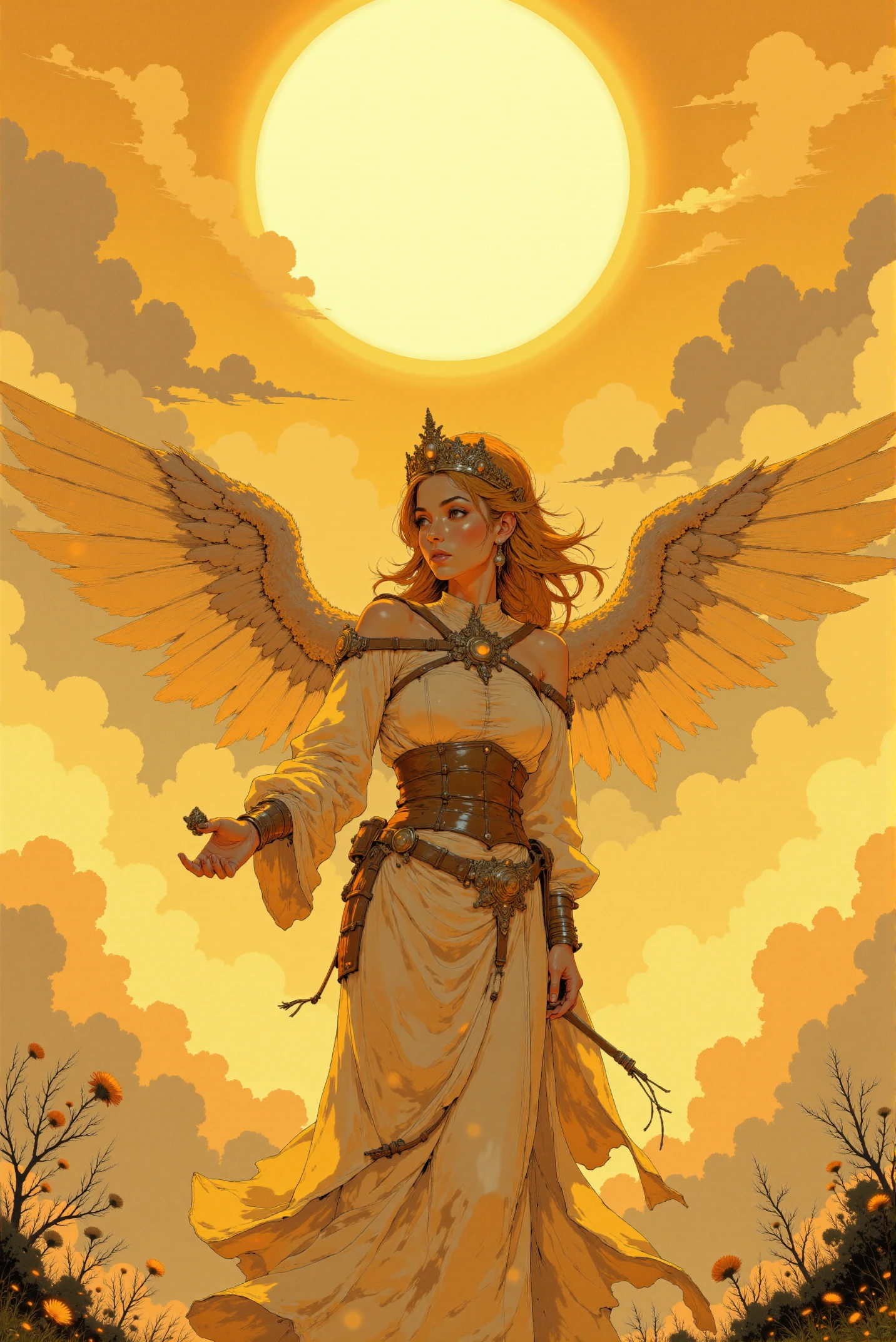 <lora:Fancha_style_v.5:0.90> Fancha style. A powerful female angel figure. The scene is set against a radiant, golden sky filled with fluffy, glowing clouds, with the sun shining brilliantly at the top center, casting a warm, ethereal light. The woman stands majestically, with her long, flowing, golden-blonde hair cascading down her back, adorned with a delicate, ornate tiara. She has a serene, confident expression with striking, almond-shaped eyes and rosy cheeks.