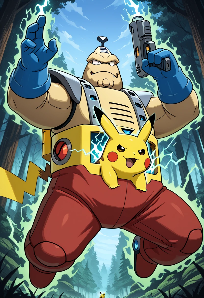 best quality, 1man, (krang_android), megaman, hand is gun, jump, action pose, gun in tummy, (pikachu in tummy), red pants, animal pokemon, forest, sky electricity aura