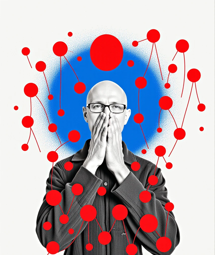 Collage_Art, Contemplative Figure with Red Balls and Strings, Surrounded by a Halo of Blue