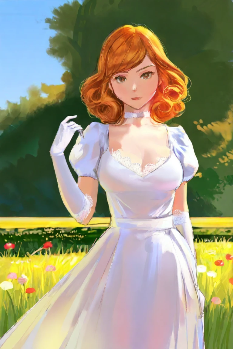 masterpiece, best quality, highres, newest, sketch, 1girl, solo, medium hair, curly hair, wavy hair, orange hair, swept bangs, brown eyes, lips, lipstick, looking at viewer, medium breasts, choker, medium dress, white dress, lace trim, puffy sleeves, puffy short sleeves, short sleeves, gloves, elbow gloves, white gloves, hand up, cowboy shot, closed mouth, standing, outdoors, field, flower, grass, plant, sky <lora:Sketch Illustration [LoRA] - Illustrious-XL v0.1:0.8>