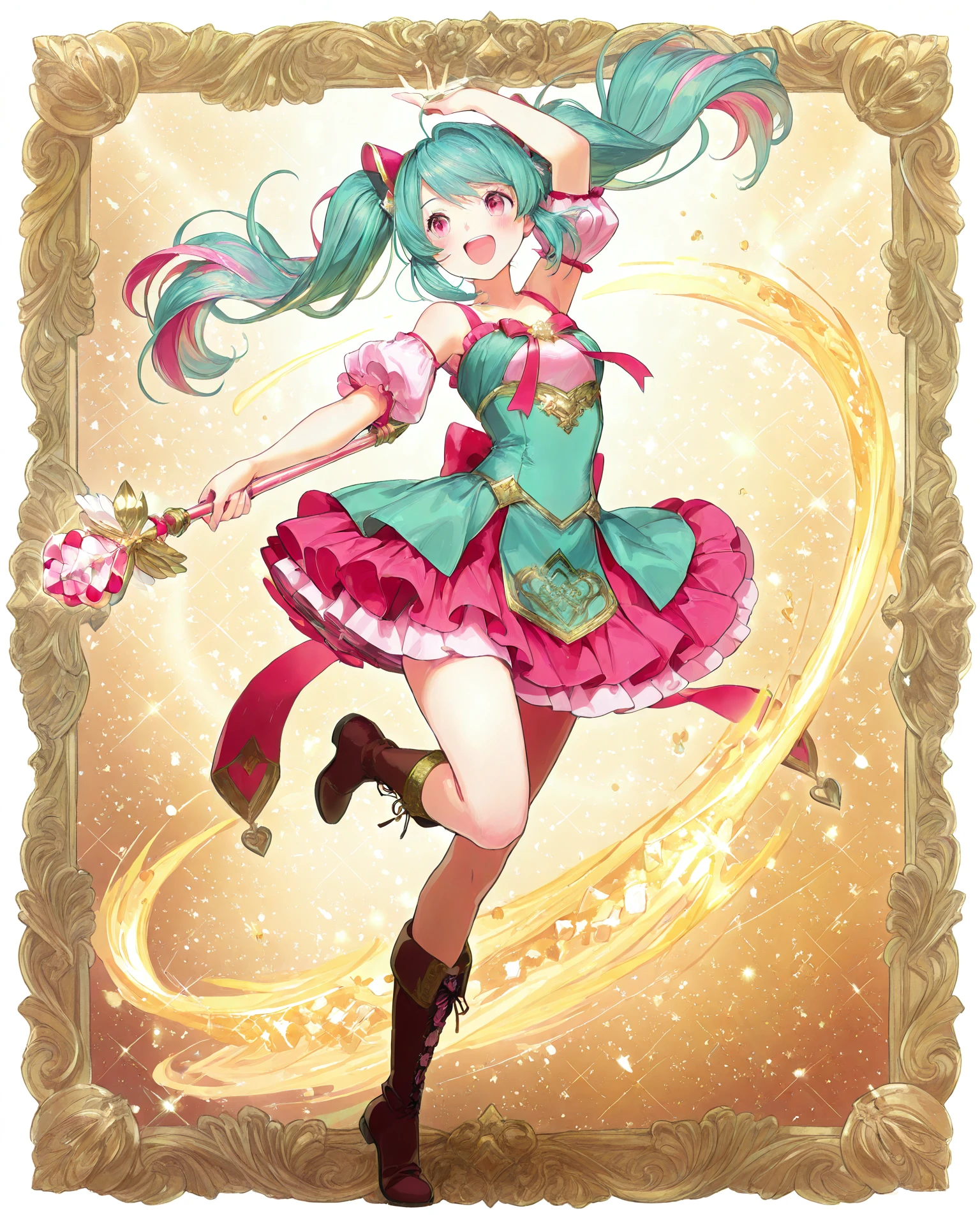 1girl, magal, teal hair, pink streaks in hair, pink eyes, blush, dancing, standing on one leg, holding magal staff, boots, happy, ribbons, very detailed clothing, magal clothing, glittering roses, jacquard fabric, sparkles, detailed frame, masterpiece, highest quality, absurdres, digital art, very detailed, <lora:MagicalGirl_Illustrious:1.1>, <lora:GAME_ARTIST_Naoki_Ikushima:1>