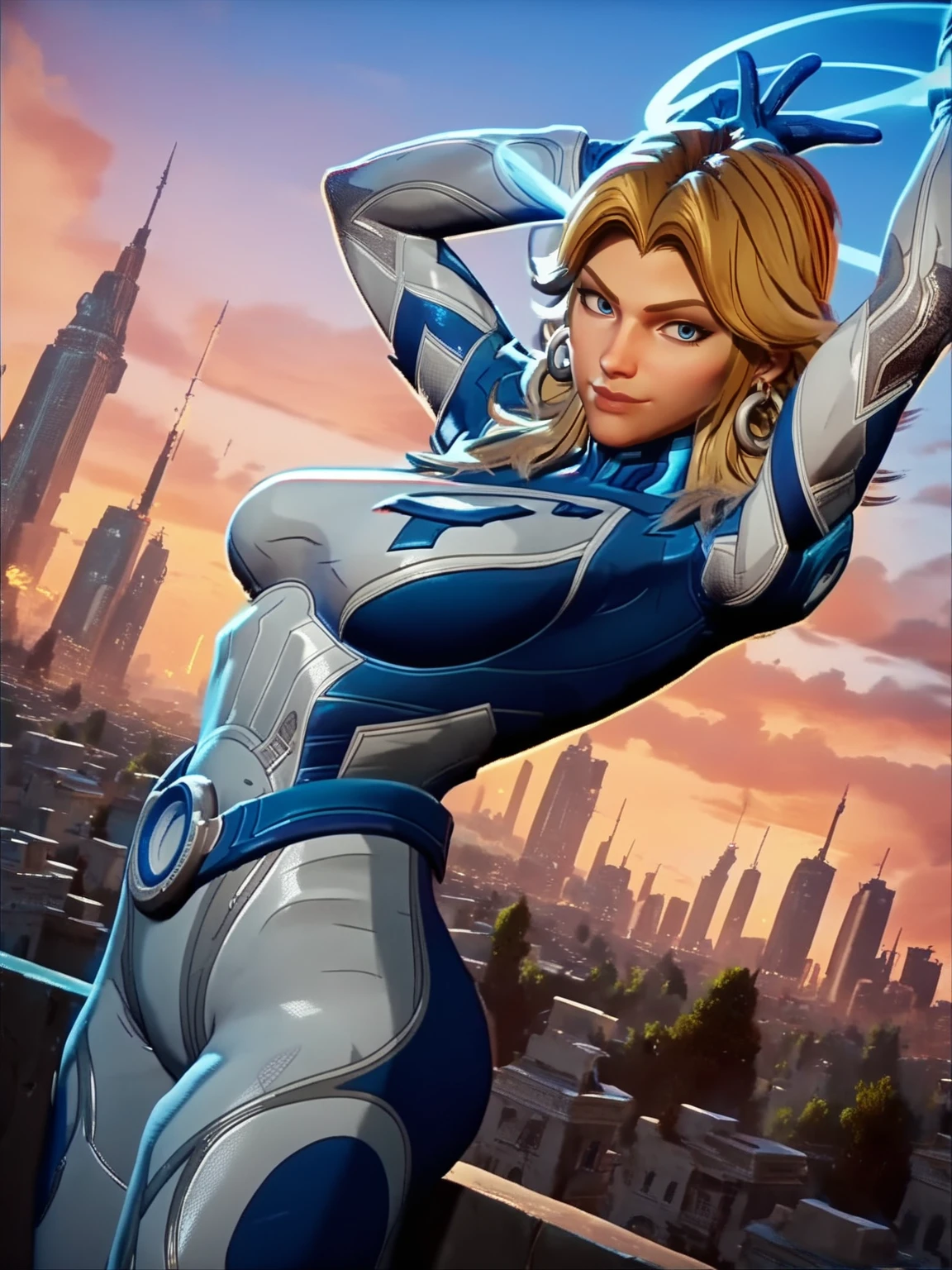 score_9, score_8_up, score_7_up, 1girl, dynamic pose, cowboy shot, looking at viewer, sexy pose, sexually suggestive, smile, dutch angle, city, detailed landscape,, arms up, v, energy around,
<lora:ASueStorm_character:0.85>, SueStormXL, blonde hair, blue eyes, earrings, bodysuit, gloves, (screencap:1.1)