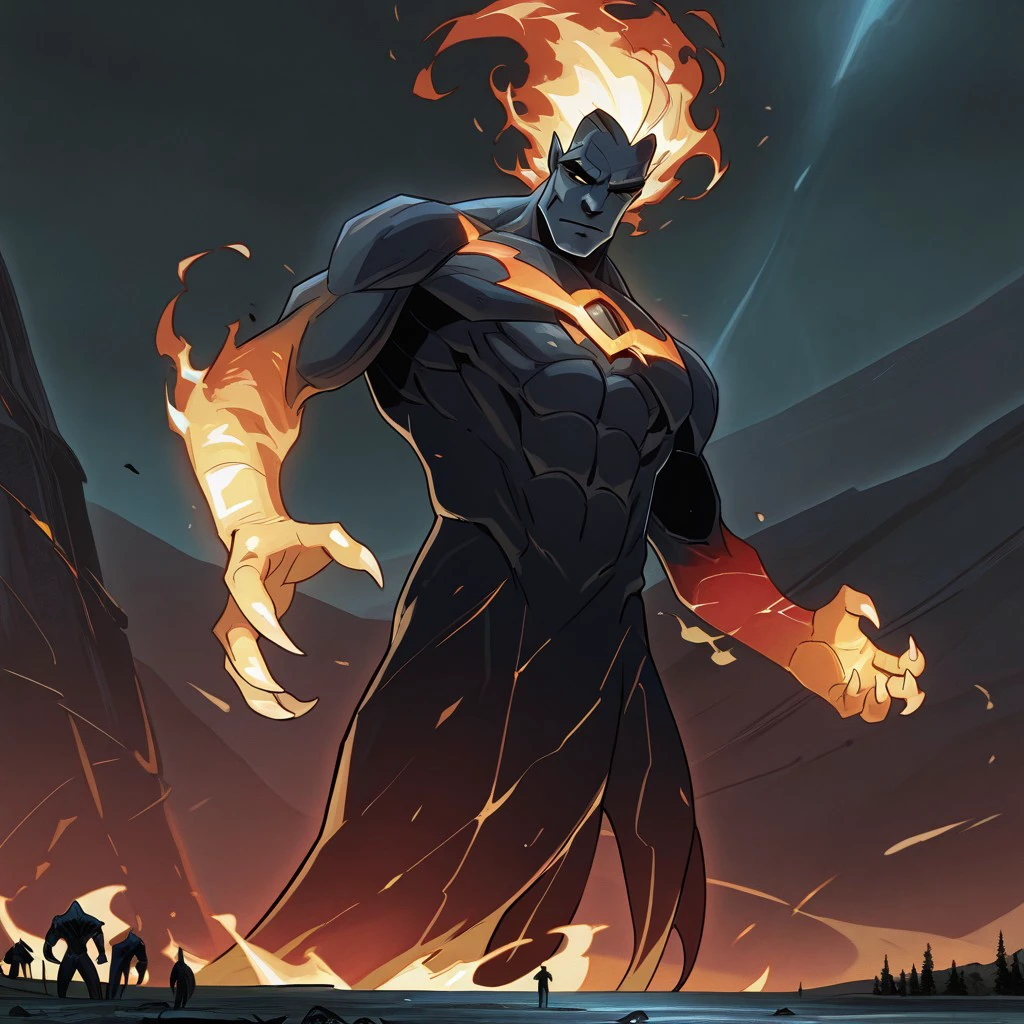 masterpiece, best quality, newest, absurdres, highres, HadesCharacterArtstyle-IL-V1.0, 1boy, FireelementalIL.V1-male, LivingFlameIL.V1.0-male, monster, monster boy, giant,