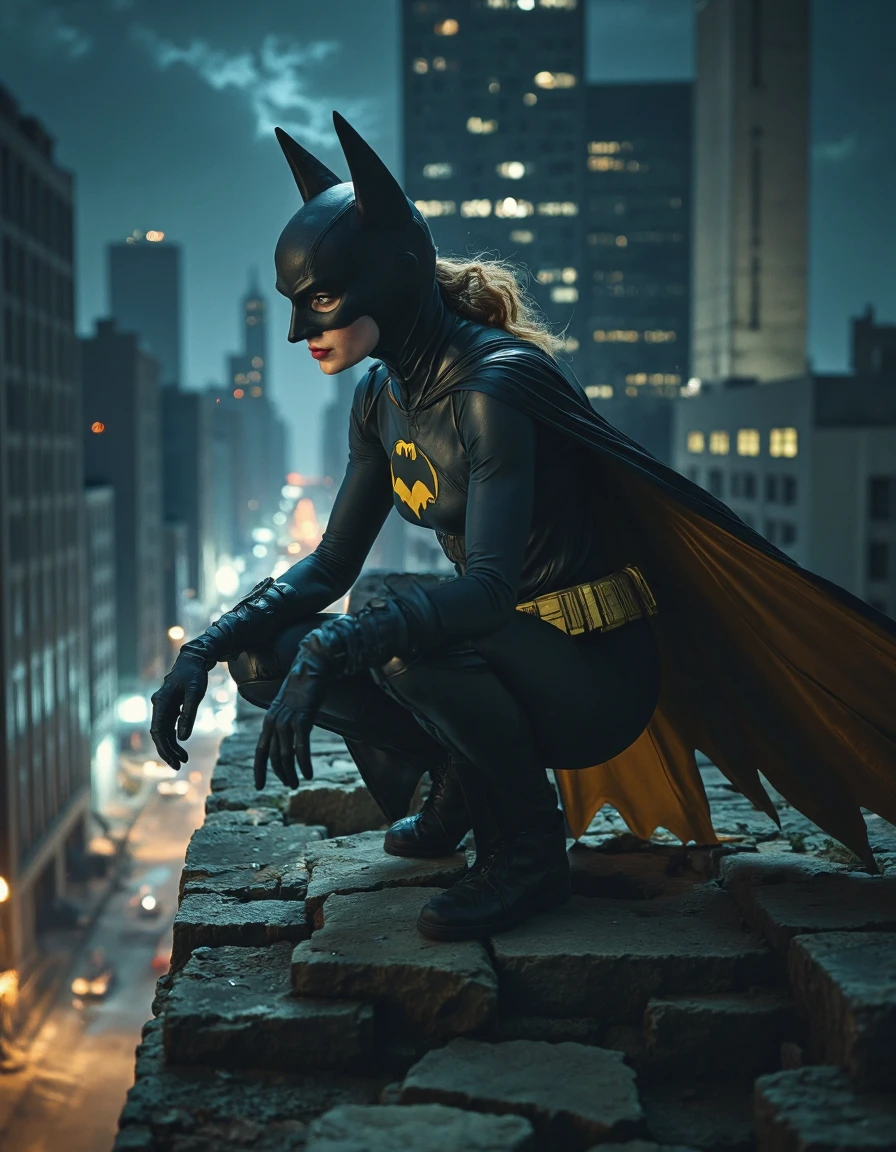 high fashion photo of SKS woman, wearing comic book batgirl costume, dc comics, squatting on the corner of a skysrapper roof at night, surveying the streets below, cape blowing in the wind,
extremely detailed, sharp focus, sharp, film grain