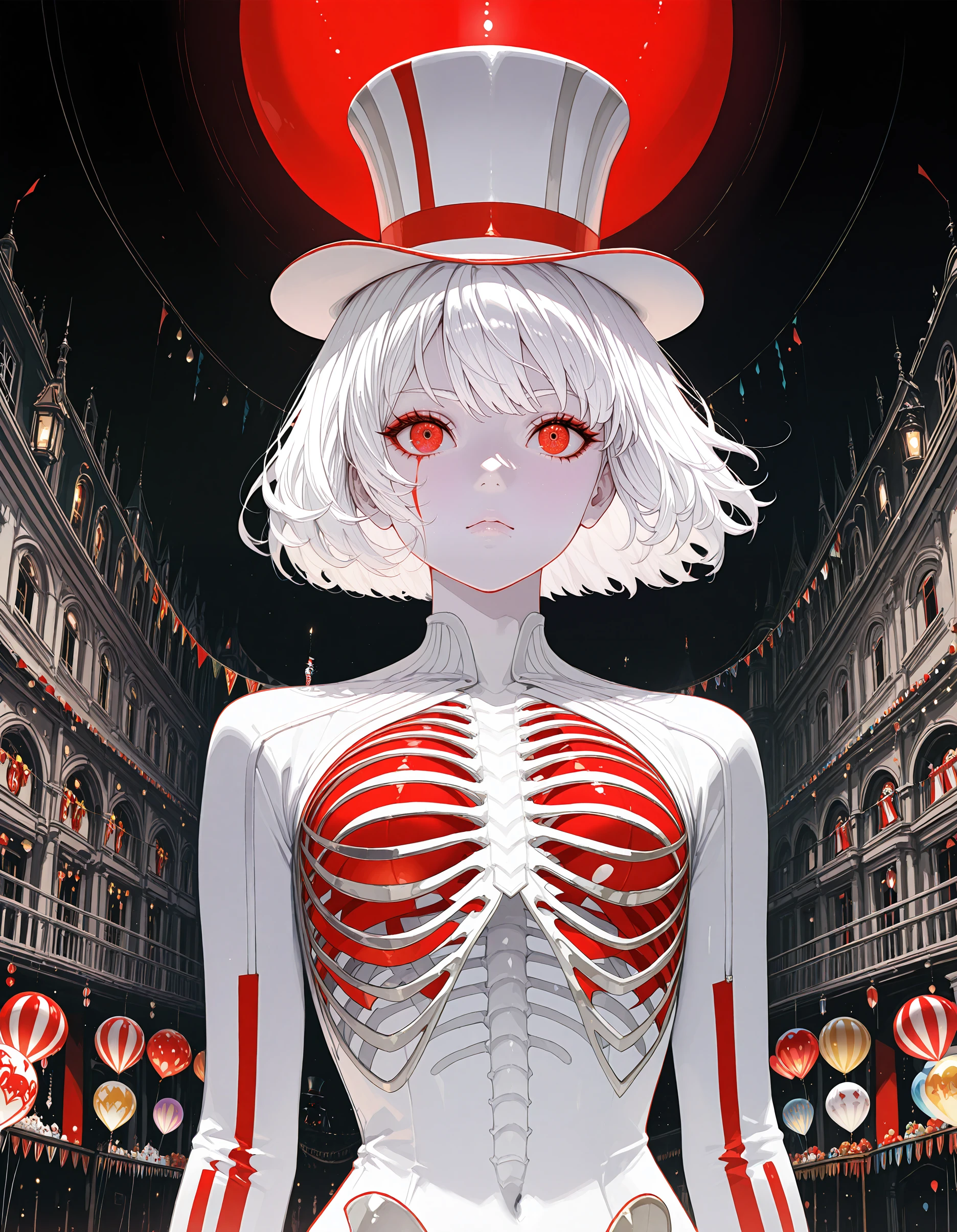 1girl,Anime-style circus performer, red and white color scheme,upper body, balloons,rib_cage, top hat, striped stockings, white hair, red eyes, carnival atmosphere, festive decorations, surreal, detailed illustration, dramatic lighting, contrasting colors, playful pose, fantasy elements, digital art, vibrant, eye-catching composition, incredibly absurdres, highres, masterpiece, newest, <lora:se3_thr0ugh:1>
