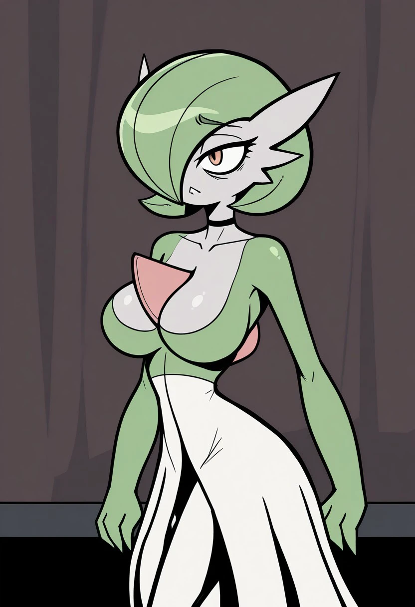 Masterpiece, best quality, happy, gardevoir (pokemon), green colored hair, red colored eyes, vivid eyes, white colored skin, sexy body, gorgeous body, beautiful, beautiful legs, from behind