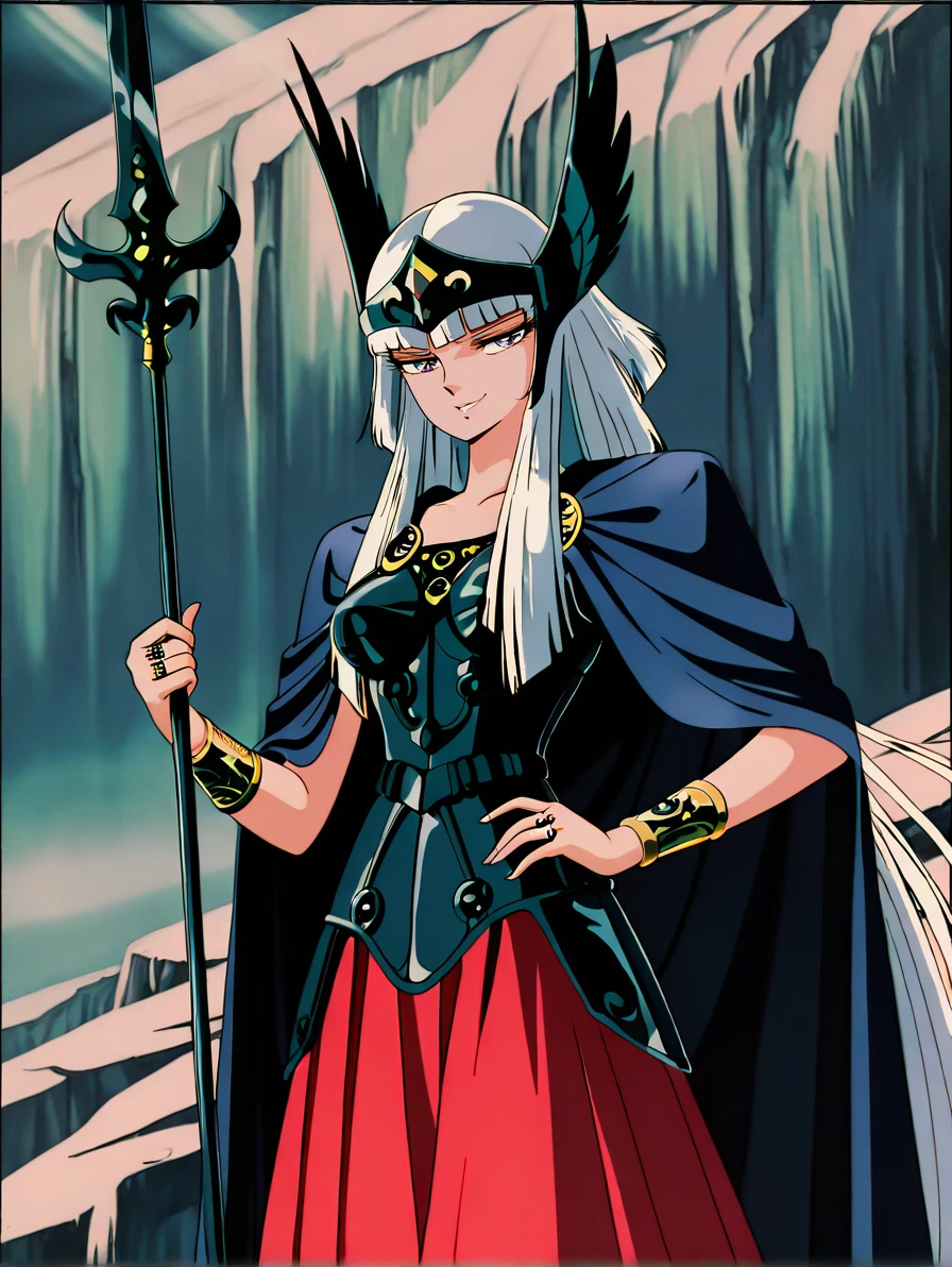 masterpiece, best quality, high resolution, absurdres, highres, amazing quality, very aesthetic, ultra detailed, perfect details,
1girl, standing, smug,
<lora:Hilda_Polaris_LCD_ill_v03:0.9> hildapolarislcd, hime cut, long hair, purple eyes, white hair, valkyrie, retro artstyle, armored dress, cape, winged helmet, holding spear, ring, red skirt,