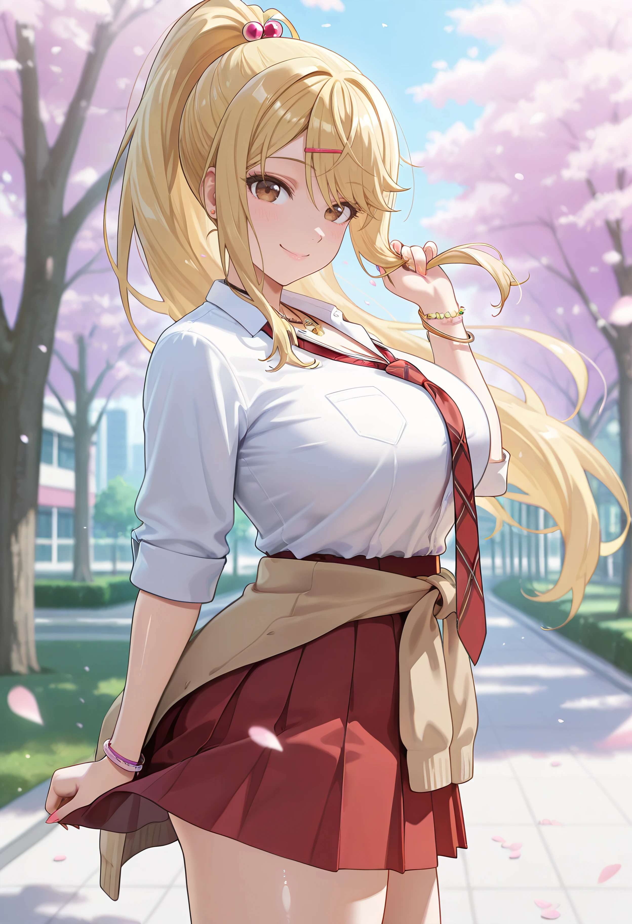 masterpiece,best quality,absurdres, amazing quality, shiny skin
tokyo \(city\), park, falling petals, cowboy shot, standing, wind, wind lif, smile, skirt lift, from side, smile, grabbing own hair, looking at viewer,
<lora:HimariIshikura:1> himariishikura, 1girl, blonde hair, shirt, white shirt, jewelry, hair ornament, hairclip, necklace, school uniform, necktie, high ponytail, brown eyes, red necktie, gyaru, clothes around waist, bracelet, collared shirt, large breasts, skirt, kogal, sweater around waist, red skirt, very long hair, hair bobbles, d