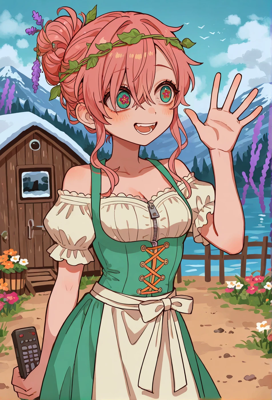 female,solo,pink hair,Twisted Updo with Hair Vine,Orange and Black,hair over left eye,small breasts,aqua eyes,looking away,bloodshot eyes,multicolored eyes,Flower pupils,Moonlit Lavender skin,no tail,human ears,Perfect Teeth,short sleeves,green dress,dirndl,Off-shoulder jacket,zipper,Remote Arctic Landscape with a Small Ice-Fishing Shack,waving,light blush,smile,<lora:aida2:0.6> tbhkaida,tbhkiro,Misty glowing reflections,