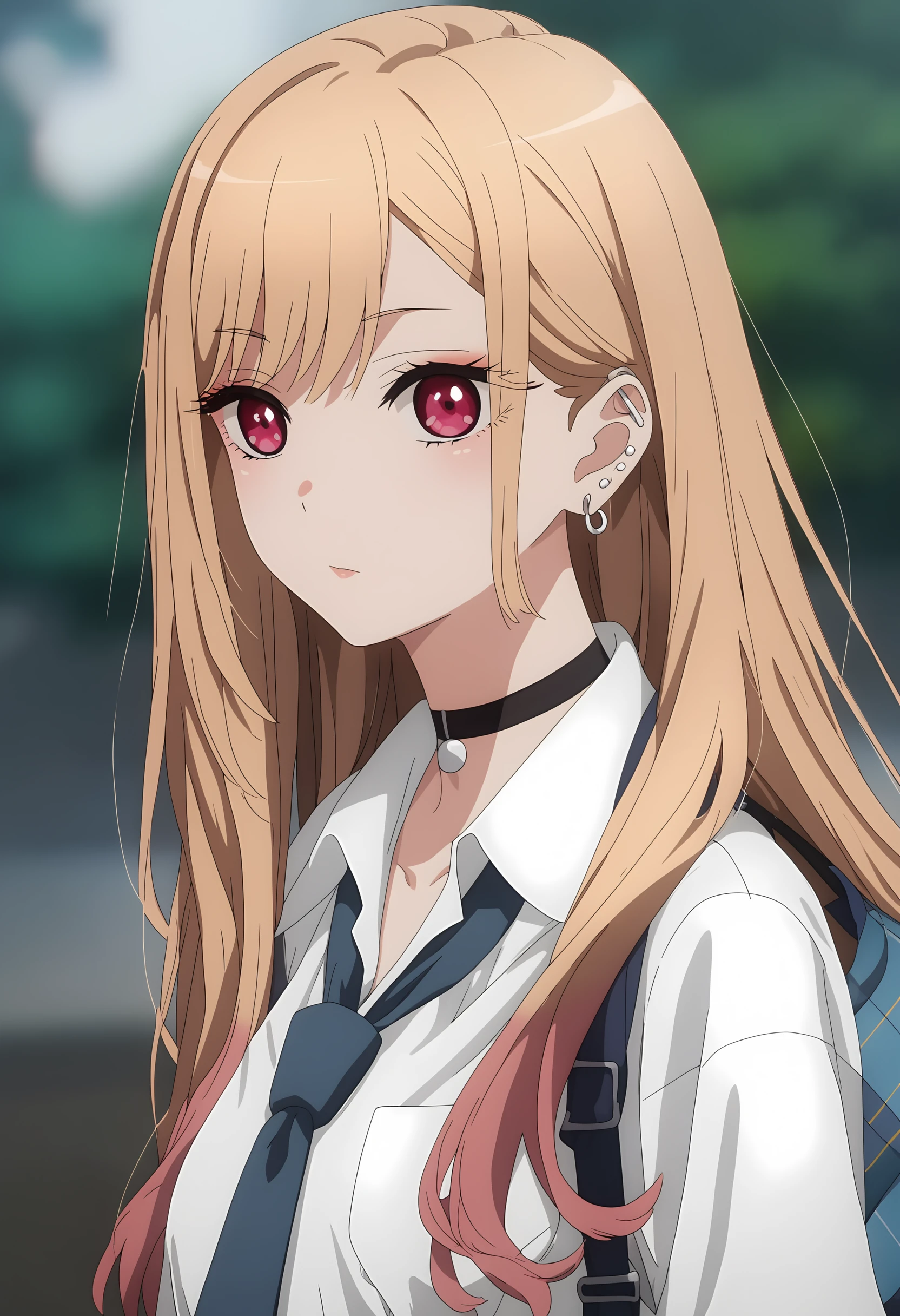 (score_9, score_8_up, score_7_up), (masterpiece, best quality, very aesthetic, ultra detailed, source anime, anime, intricate details, blurry background), <lora:Sono Bisque Doll wa Koi wo Suru - Marin Kitagawa XL R2B1:0.8>, Kitagawa Marin, 1girl, blonde hair, long hair, multicolored hair, red eyes, jewelry, earrings, piercing, school uniform, white shirt, tied shirt, black choker, blue necktie, plaid skirt