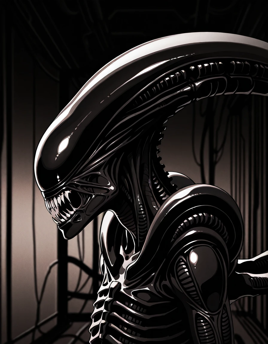 solo, full-length portrait, dark sci-fi illustration, detailed background, blurred background, <lora:Alien_-_Xenomorph_IL:0.8> xenomorph, side view, <lora:dark_v1.9-pony:0.6> dark theme, dim lighting, dark background, dark room, rim light,