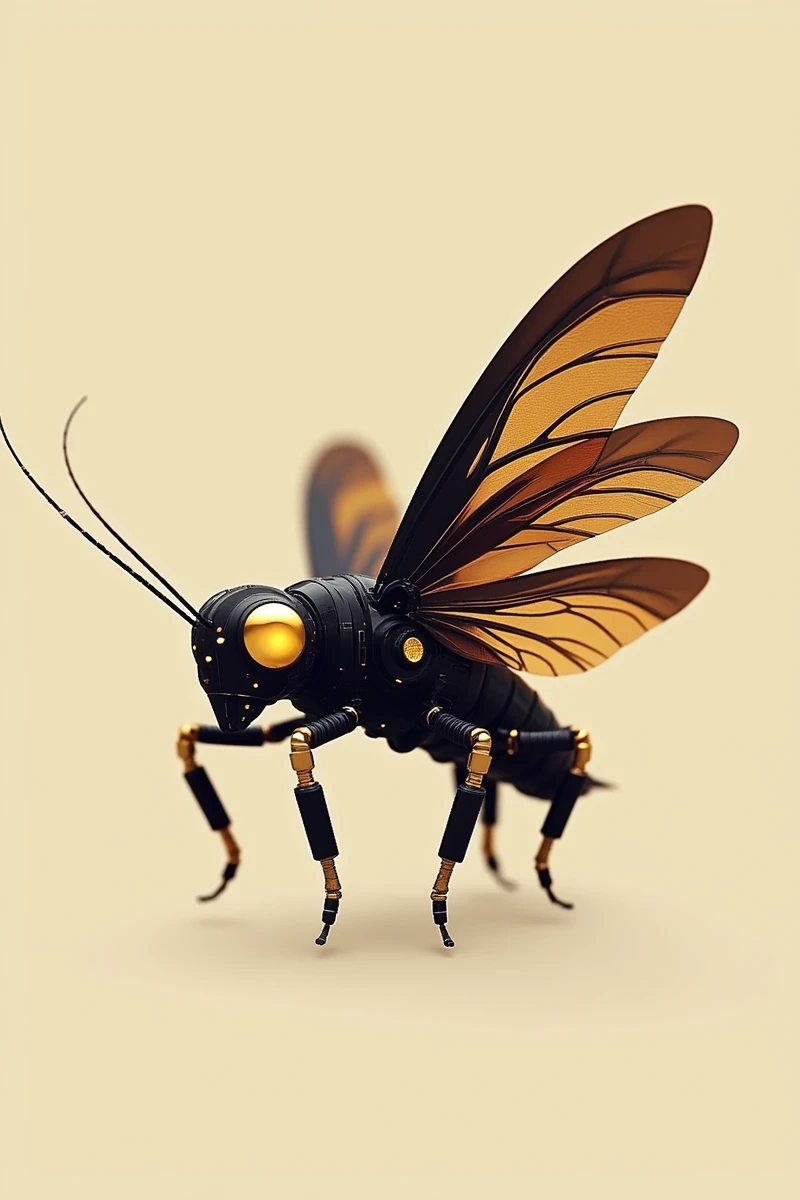 This is a sophisticated digital rendering of a black and gold robotic locust, emphasizing its aerodynamic form and complex structure. The robot’s wings are retractable and feature a polished finish that reflects light beautifully. The legs are engineered with multiple joints for agile movement, resembling the natural functionality of a real locust. The minimalist beige background allows the metallic details to stand out prominently, enhancing the aesthetic appeal of this futuristic insect design.