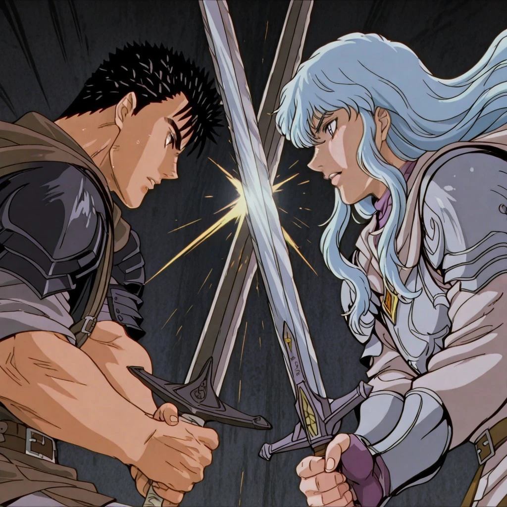 masterpiece, best quality, newest, absurdres, highres, anime, anime style, berserk, SwordClash, 2boys, multiple boys, BREAK 1boy, guts_(berserk), armor, SwordClash, sword, holding sword, sword, weapon, holding weapon, BREAK 1boy, griffith_(berserk), SwordClash, sword, holding sword, sword, weapon, holding weapon,