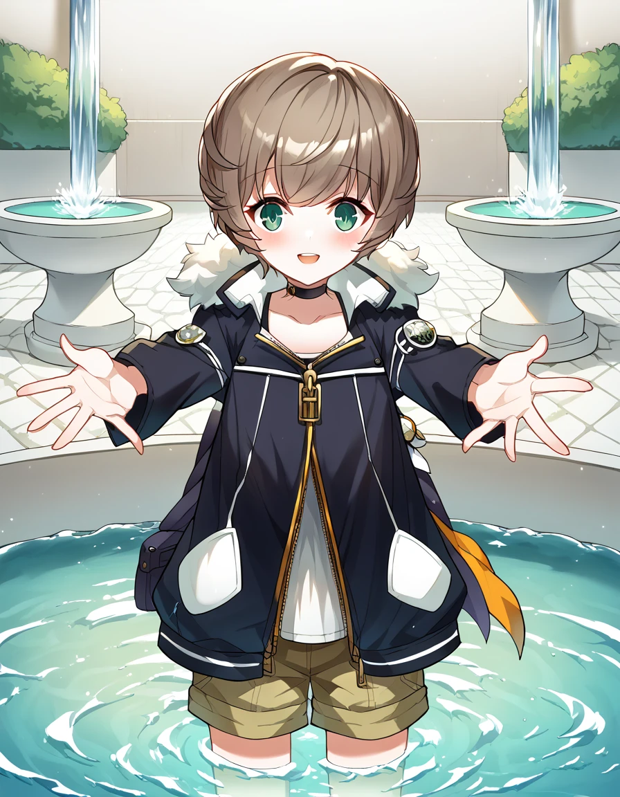 score_9, score_8_up, score_7_up, source_anime, <lora:closers-mistilteinn-ingame-ponyxl-lora-nochekaiser:1>, mistilteinn, brown hair, green eyes, male focus, otoko no ko, jacket, shorts, choker, fur trim, black jacket, fountain, water, spray, sculpture, garden, , <lora:incoming-hug-ponyxl-lora-nochekaiser:1>, incoming hug, looking at viewer, reaching, reacing towards viewer, outstretched arms,, bedroom, smile, blush, parted lips, looking at viewer, solo,, cowboy shot, solo