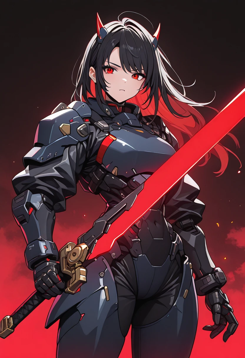 Masterpiece (quality), 1girl, black hair, red eyes, black mecha armor with red details, red mecha wings, holding red sword, red glowing sword, spacestation in background, hkmecha