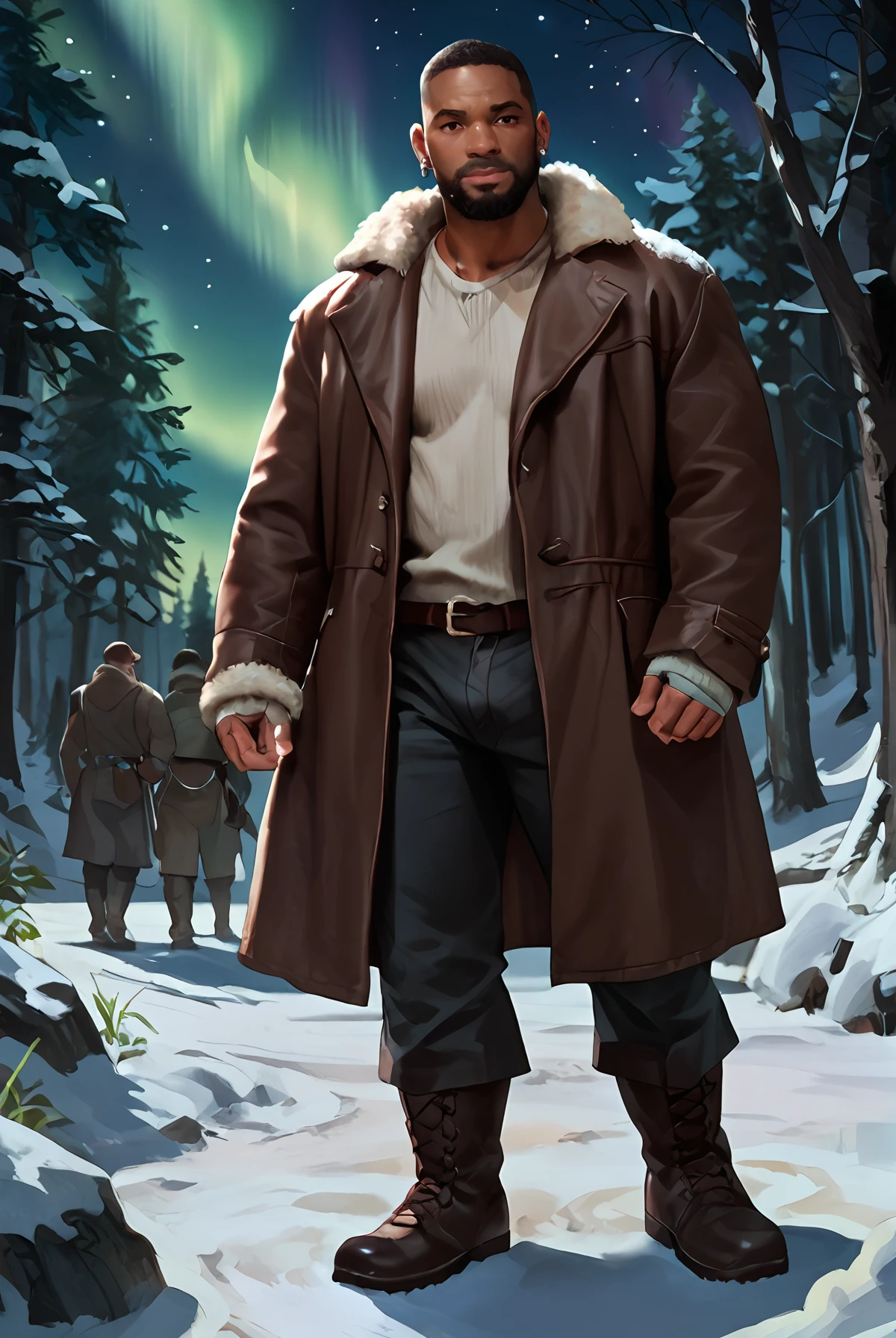 score_9, score_8_up, score_7_up, score_6_up, uncensored, In a snowy forest clearing under the aurora borealis, surrounded by large crowd multiple boys, hunters gather around a fire to share their catch. Participants wear fur-lined coats, wool gloves, and leather boots. The northern lights dance across the starry sky, casting a magical glow over the scene.<lora:fantasy_painterly_lkt_style:0.25> fantasy painterly <lora:ZoroJ:0.65> zoroj, male_only, bara, gay <lora:style_lora:0.1> <lora:Will_Smith_Pony_From_I_Robot:0.8> willsmith, male focus, realistic, facial hair, jewelry, beard, earrings, dark-skinned male, (bulge:1.1)
