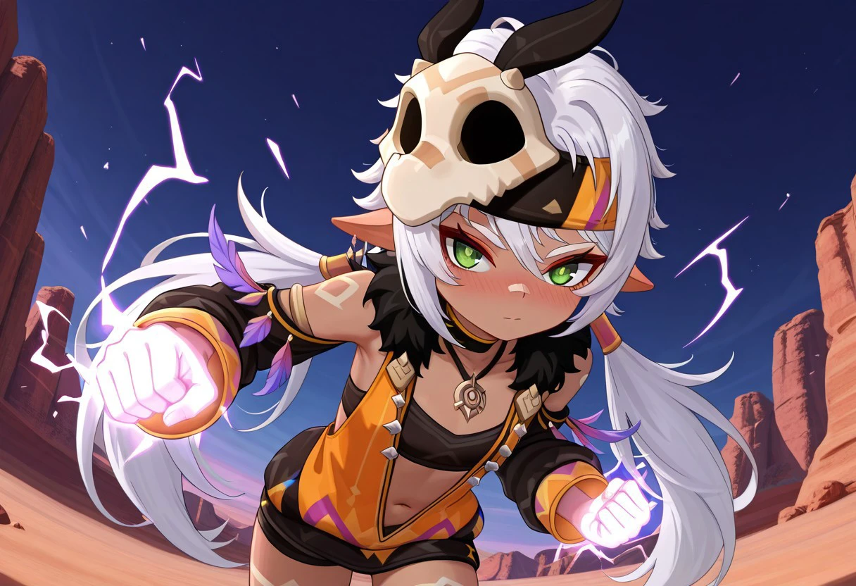 1girl, solo, aged_down, canyon, painted desert, Iansan, dark-skinned female, white hair, long hair, low twintails, pointy ears, short, flat_chest, petite, skull_mask, headband, detached_sleeves, purple_feathers, orange_dress, navel, plunging_neckline, black_sportsbra, loose_clothes, loose_shirt, necklace, earrings, tattoos, nose patch, looking_at_viewer, bent_over, green_eyes, tsurime, blushing, superhero_landing, punching the ground, earthquake, powerful, super-strength, clenched_hand, powering_up, aura, purple_energy, purple lightning hands;
From_above, foreshortening, perspective, depth_of_field, fisheye, color_contrast, cinematic_lighting, masterpiece, best quality, amazing quality, very aesthetic, absurdres, highres, newest, detailed face, volumetric lighting, ray tracing, light particles, realistic shadows, rtx, hdr, 4k, 8k,