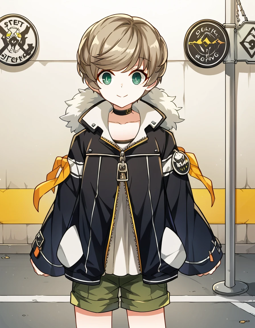 score_9, score_8_up, score_7_up, source_anime, <lora:closers-mistilteinn-ingame-ponyxl-lora-nochekaiser:1>, mistilteinn, brown hair, green eyes, male focus, otoko no ko, jacket, shorts, choker, fur trim, black jacket, crosswalk, people, street, white lines, traffic, smile, head rest, smile,, looking at viewer, solo,, cowboy shot, solo