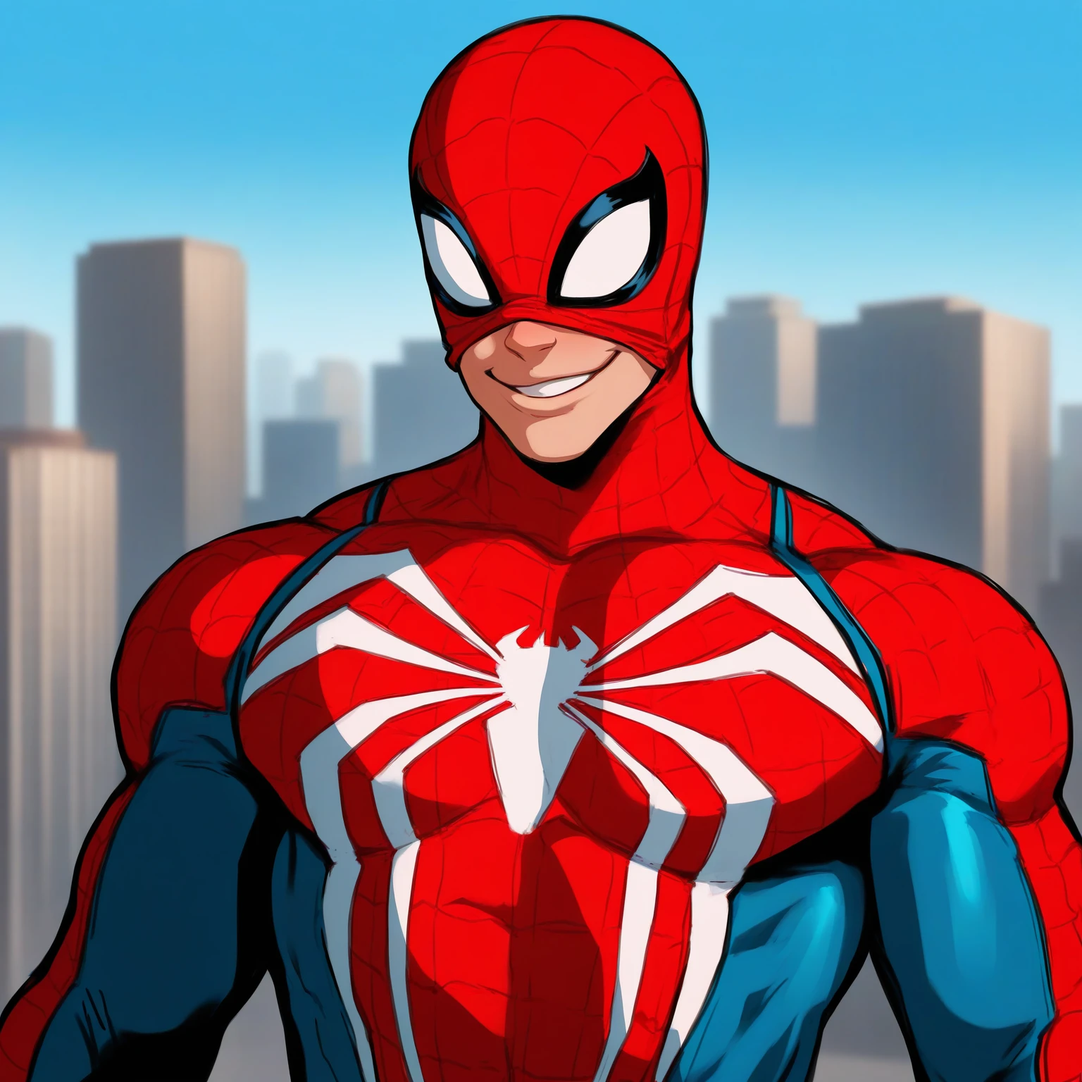 masterpiece, best quality, newest, absurdres, highres, 
male, (dizdoodz:.5), 1boy, male, Insom_SPM, mouth, , red , smile, upper body, city, white eyes, blank eyes