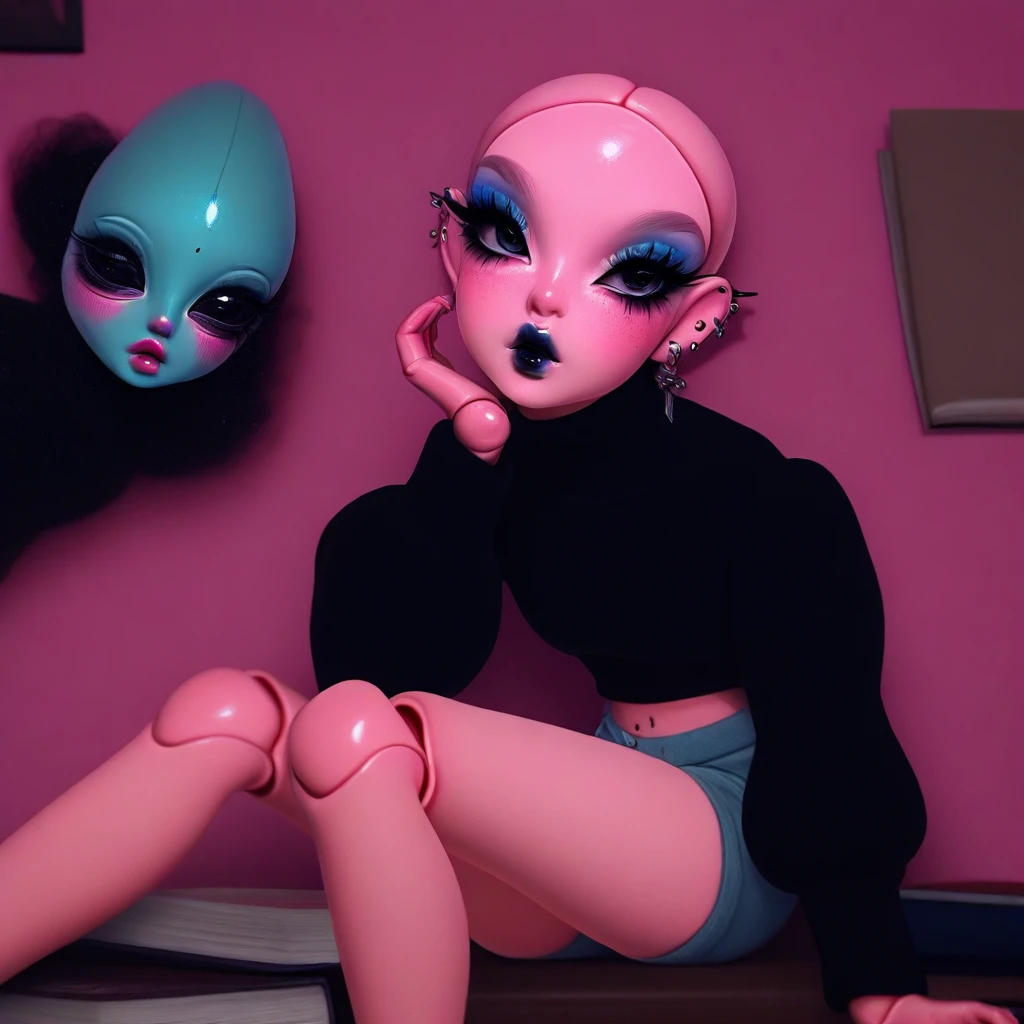 short black hair, with slightly messy bangs. Dark, penetrating brown eyes. Thin and marked build. She wears torn black shorts, blue tennis shoes, and a pink navel blouse with straps. He has an axe in his right hand and a backpack on his back. Busty.