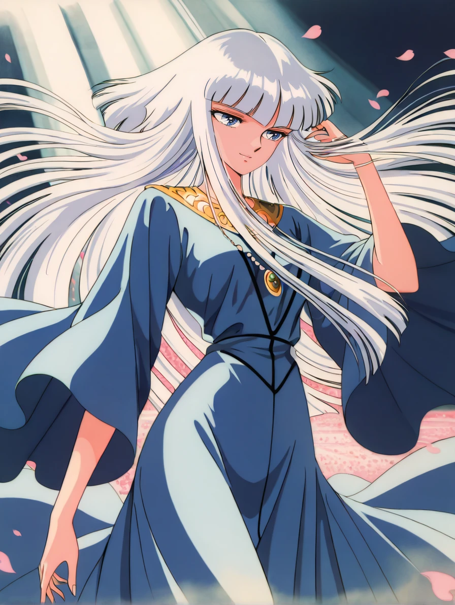 masterpiece, best quality, high resolution, absurdres, highres, amazing quality, very aesthetic, ultra detailed, perfect details,
<lora:Hilda_Polaris_LCD_ill_v03:0.9> hildapolarislcd, hime cut, long hair, blue eyes, white hair,
retro artstyle, blue dress, jewelry, dynamic pose, wind, petals, light smile, hand in own hair, sunlight, volumetric light,