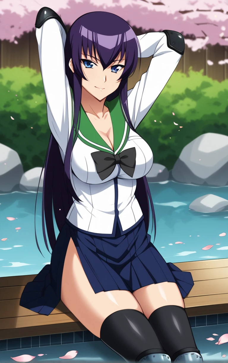 score_9, score_8_up, score_7_up, looking at viewer, BREAK
MainOutfit_SaekoBusujima_ownwaifu,
1girl, blue eyes, hair between eyes, long hair, purple hair, very long hair, large breasts, collarbone, bangs, sidelocks,
black bow, black skirt, green sailor collar, green serafuku, school uniform, white shirt, serafuku, bow, cleavage, skirt, gloves, long sleeves, black thighhighs, side slit, elbow pads, zettai ryouiki, knee pads, long skirt, bowtie,
(sitting, soaking feet, arms behind head), onsen, mount fuji, cherry blossoms, falling petals, spring_(season), outdoors,<lora:PONYXL_HighschoolOfTheDead_SaekoBusujima_ownwaifuV1:0.7>, depth of field, solo,