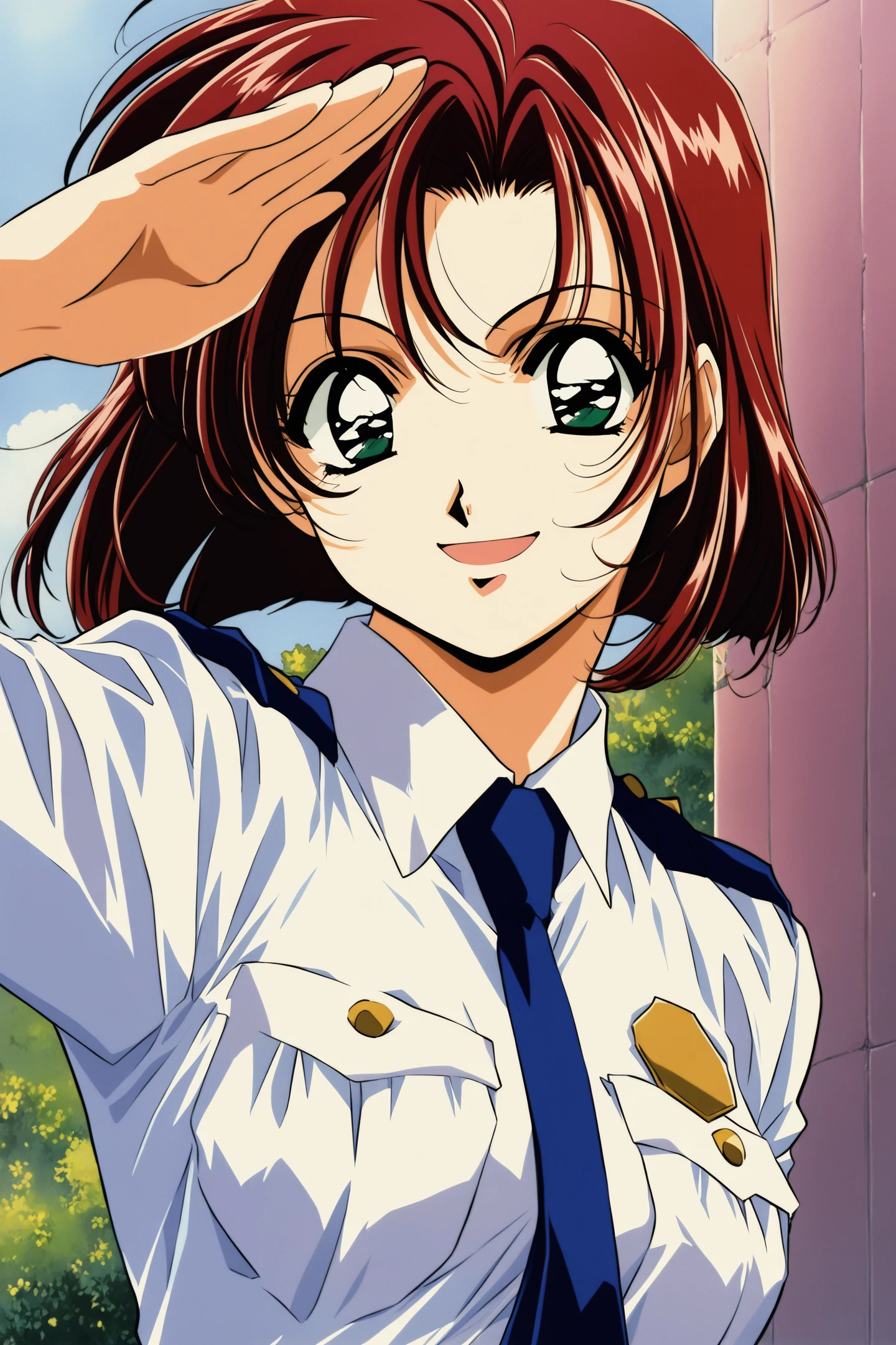 Tsujimoto Natsumi,1girl,solo,short hair,outdoors,upper body,smile,closed mouth,police uniform,blue necktie,white shirt,smile,open mouth,long sleeves,retro artstyle,salute,
<lora:You Are Under Arrest_illustriousXL:0.8>,