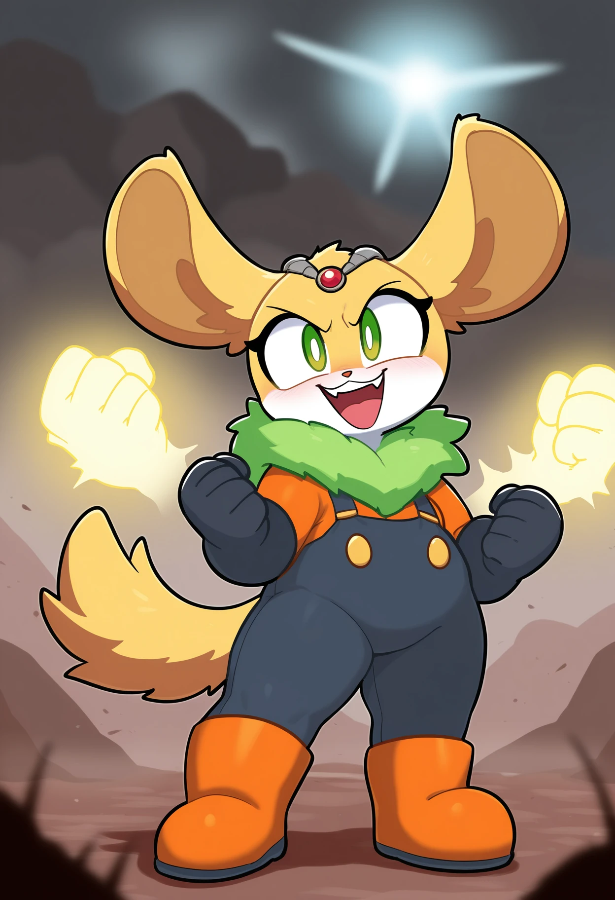 masterpiece, best quality, amazing quality, very aesthetic, absurdres, <lora:Thunderbolt:1>, Thunderbolt, 1girl, solo, smile, open mouth, chinchilla ears, clenched fists, gloves, overalls, yellow fur, orange boots, orange shirt, green eyes, standing, short, green fur trim, green fur collar, tail, full body, teeth, robot, clenched hands, forehead jewel