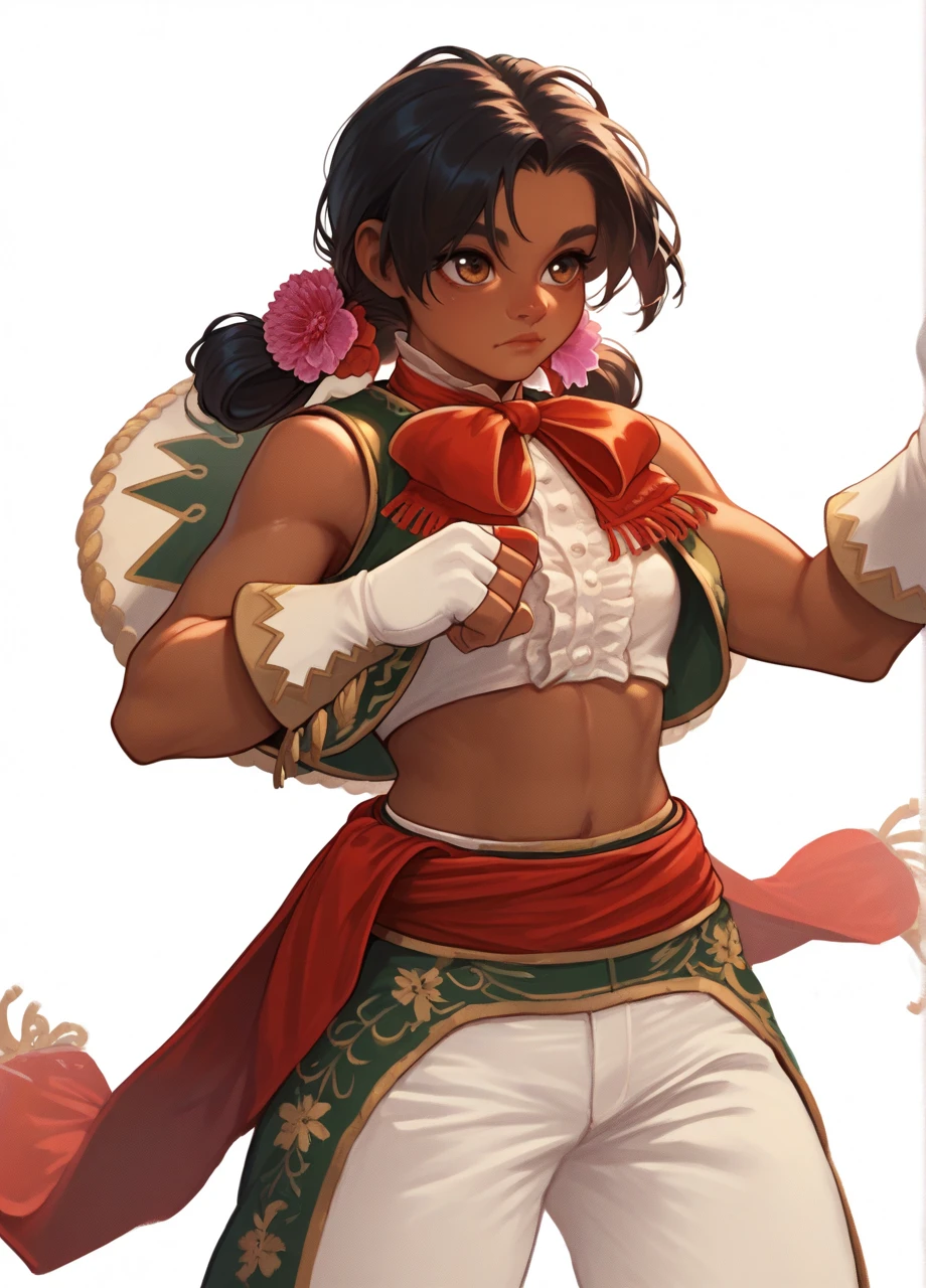 1girl, solo, cowboy shot, white background, black hair, brown eyes, dark skin, sf6lilyalt, twintails, hair flower, sleeveless vest, crop top, fingerless gloves, red sash, white pants <lora:SF_LilyHawk-PONY:0.8>, score_9, score_8_up, score_7_up, score_6_up,