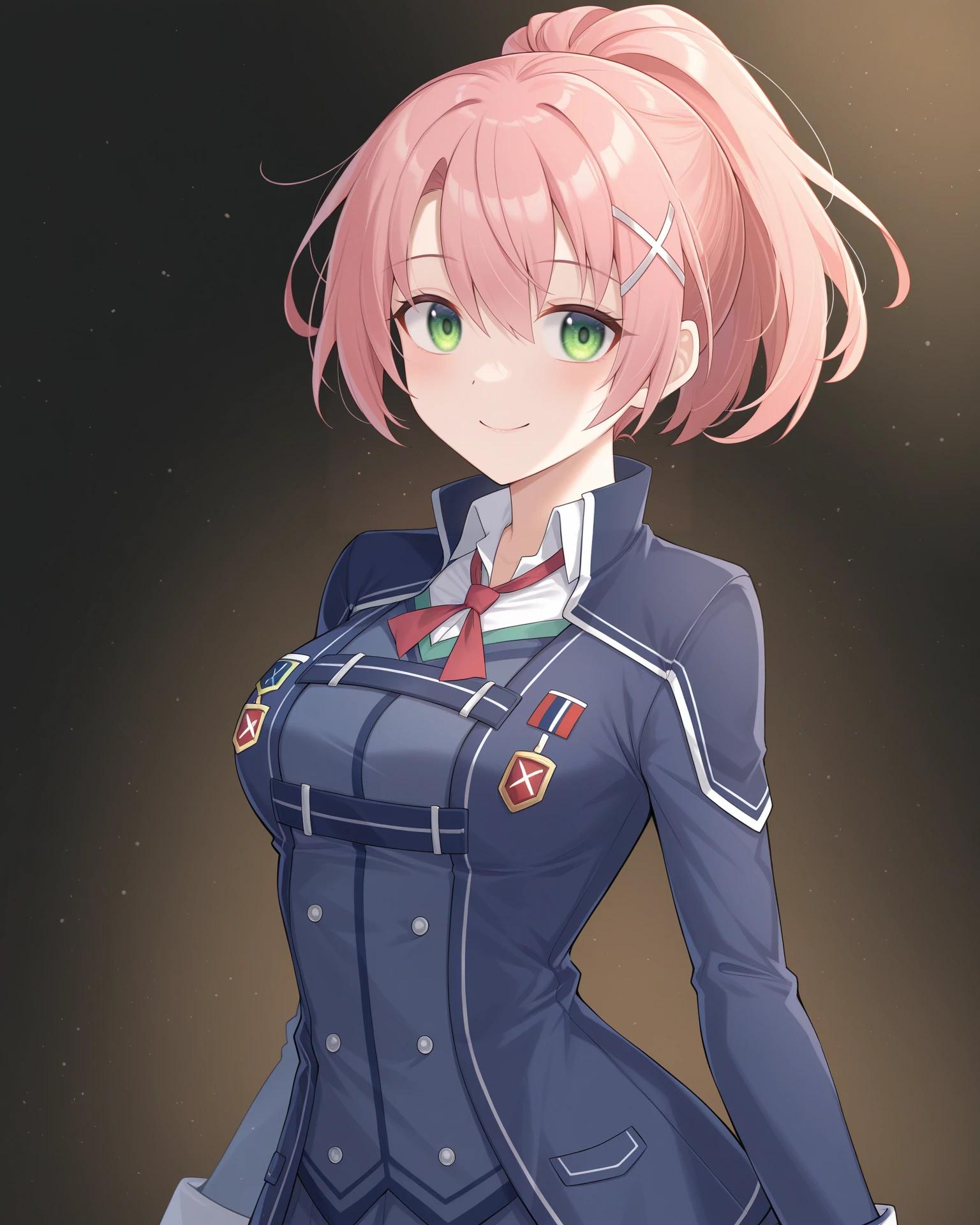 masterpiece, best quality, amazing quality, very aesthetic, absurdres, (by e.o.:0.7), (by chiharu \(9654784\):0.4), (by racoon-kun.:0.4),
1girl, solo,
<lora:JunaCrawfordThors_Illustrious:1>, Juna Crawford, pink hair, ponytail, X hair ornament, green eyes, medium breasts, school uniform, blue blazer, blue skirt, red ribbon, thigh belt,,
simple background, black background, particles, upper body, portrait,
smile, looking at viewer,