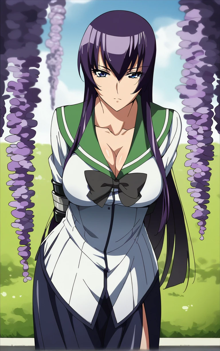 score_9, score_8_up, score_7_up, looking at viewer,  BREAK
MainOutfit_SaekoBusujima_ownwaifu, 
1girl, blue eyes, hair between eyes, long hair, purple hair, very long hair, large breasts,  collarbone, bangs, sidelocks, 
black bow, black skirt, green sailor collar, green serafuku, school uniform, white shirt, serafuku, bow, cleavage, skirt, gloves, long sleeves, black thighhighs, side slit, elbow pads, zettai ryouiki, knee pads, long skirt, bowtie,
(leaning forward, arms behind back), cowboy shot, garden, wisteria, outdoors, <lora:PONYXL_HighschoolOfTheDead_SaekoBusujima_ownwaifuV1:0.85> , depth of field, solo,