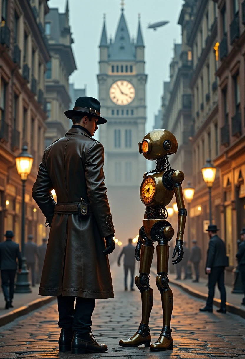 A steampunk city street at dusk, bustling with Victorian-era architecture and intricate brass machinery. A stern police officer, dressed in a classic leather trench coat, tall boots, and a brass helmet with goggles, is walking along the cobblestone road, inspecting a mysterious crime scene. Beside him, a humanoid clockwork robot assistant stands, with intricate gears and glowing copper elements visible under its polished brass exterior. The robot has glowing eyes and its limbs move with mechanical precision. Steam hisses from pipes that run along the street, and gas lamps cast a warm, yellow glow. In the background, large clock towers and airships float in the sky, their propellers whirring softly. The mood is tense and mysterious, filled with a sense of investigation and adventure.