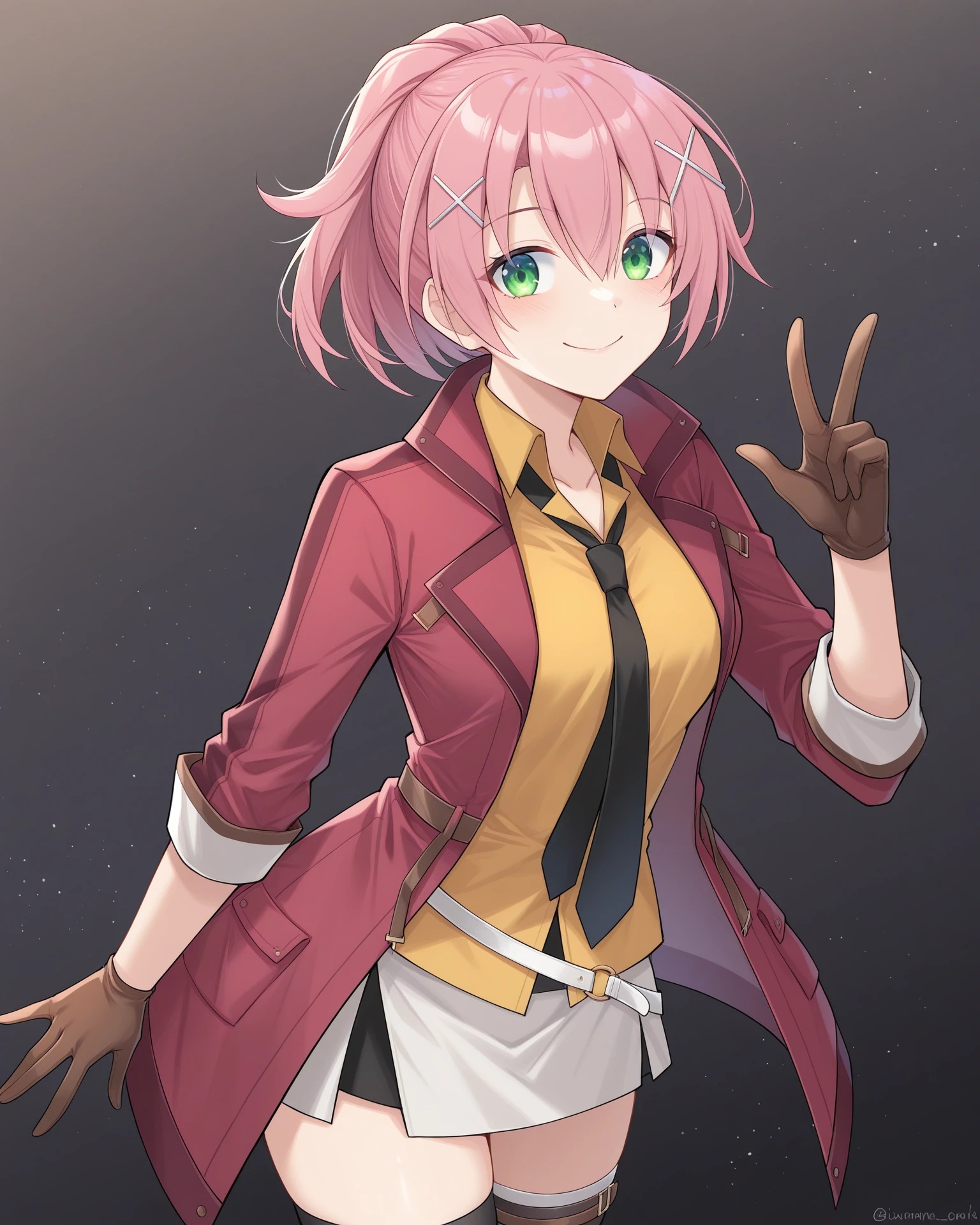 masterpiece, best quality, amazing quality, very aesthetic, absurdres, (by e.o.:0.7), (by chiharu \(9654784\):0.4), (by racoon-kun.:0.4),
1girl, solo,
<lora:JunaCrawfordCrossbell_Illustrious:1>, Juna Crawford, pink hair, ponytail, X hair ornament, green eyes, medium breasts, red jacket, yellow shirt, black necktie, white belt, white skirt, brown gloves, black thighhighs,,
simple background, black background, particles,
smile, looking at viewer,
