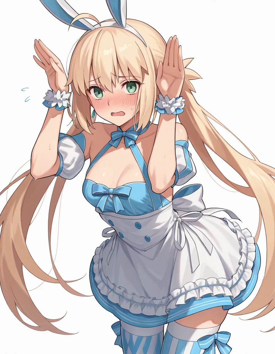 (masterpiece), (best quality), (ultra-detailed), SCaster2, Castoria, source_anime, score_9, score_8_up, score_7_up, Sum2_wrist_cuffs, 1girl, solo, long hair, looking at viewer, blush, open mouth, blonde hair, twintails, green eyes, ahoge, hairband, small breasts, bunny pose, Sum2_dress, Sum2_fake_rabbit_ears, Sum2_thighhighs, blush, embarassed, illustration, disheveled hair, detailed eyes, perfect composition, moist skin, intricate details, earrings