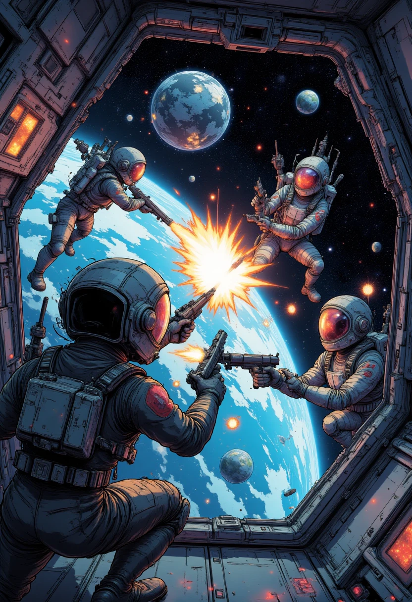 A thrilling scene aboard a spaceship in orbit, with characters in sleek space suits exchanging fire amidst zero-gravity. The backdrop shows Earth and the vastness of space through a shattered viewport.